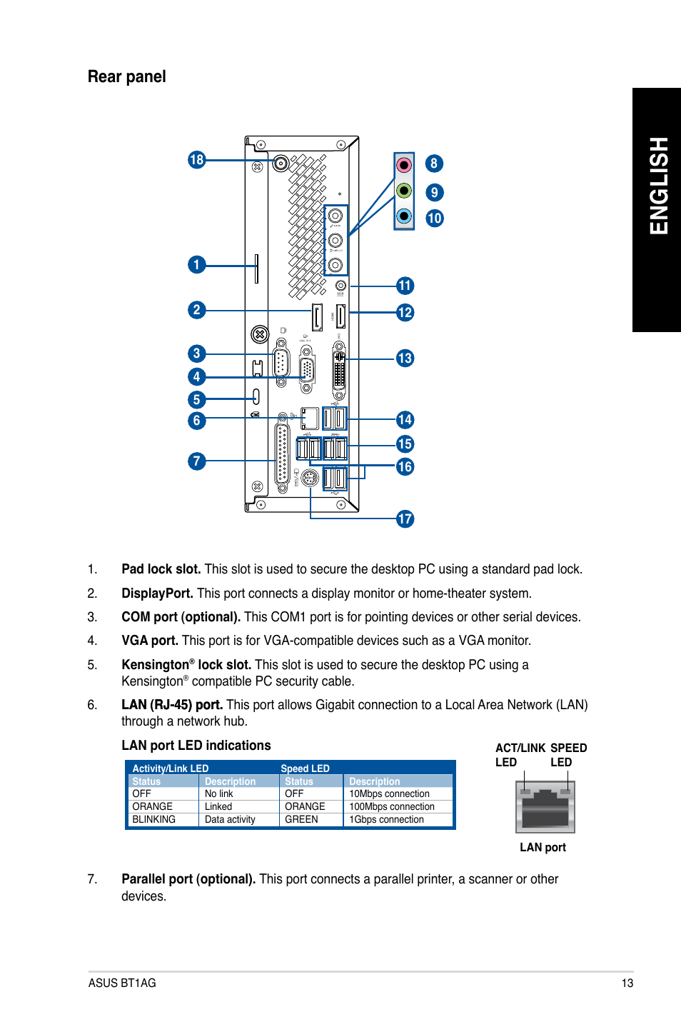 En gl is h en gl is h, Rear panel | Asus BT1AG User Manual | Page 13 / 77