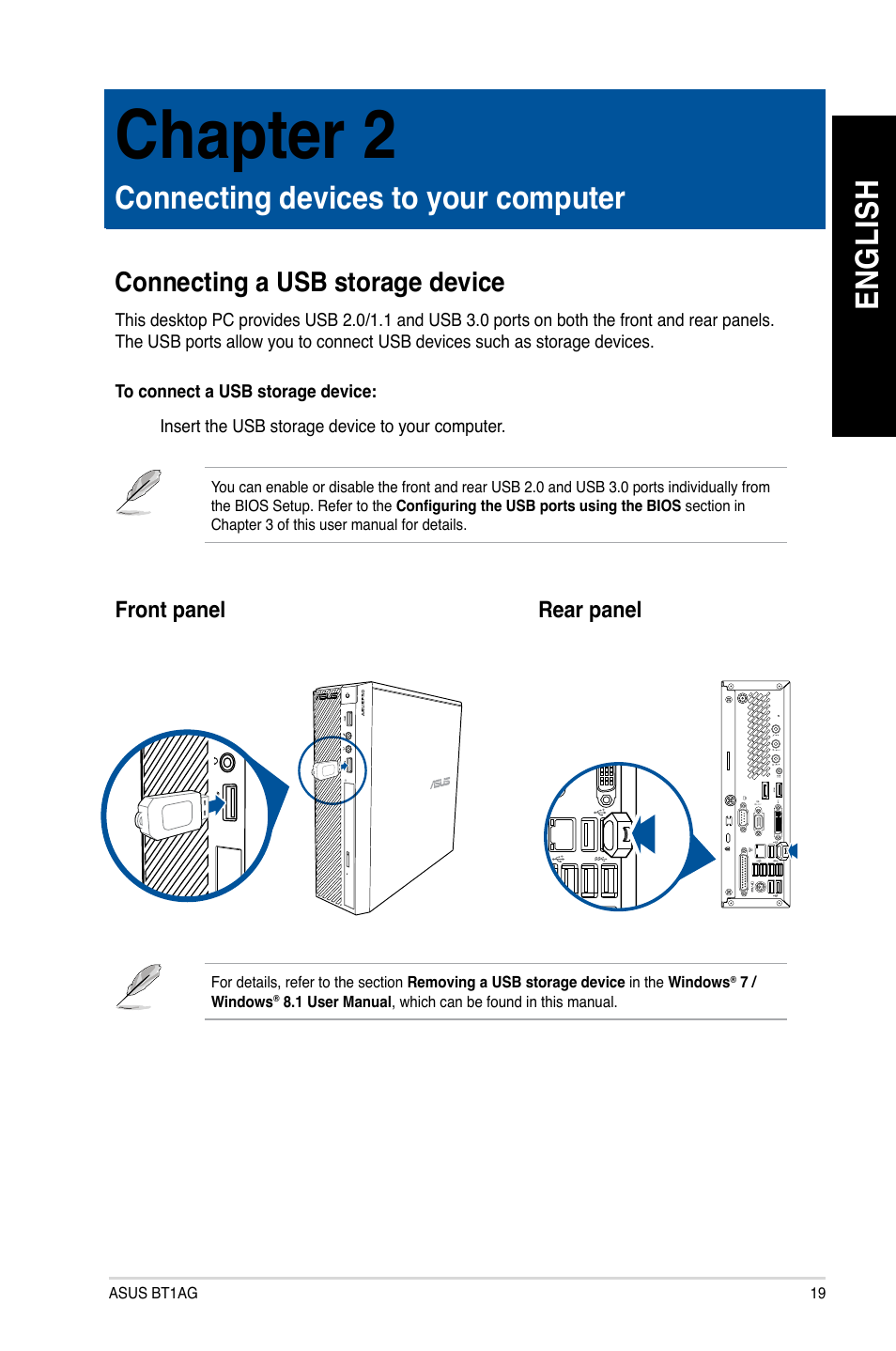 Chapter 2: connecting devices to your computer, Connecting a usb storage device, Connecting devices to your computer | Chapter 2, En gl is h en gl is h | Asus BT1AG User Manual | Page 19 / 77