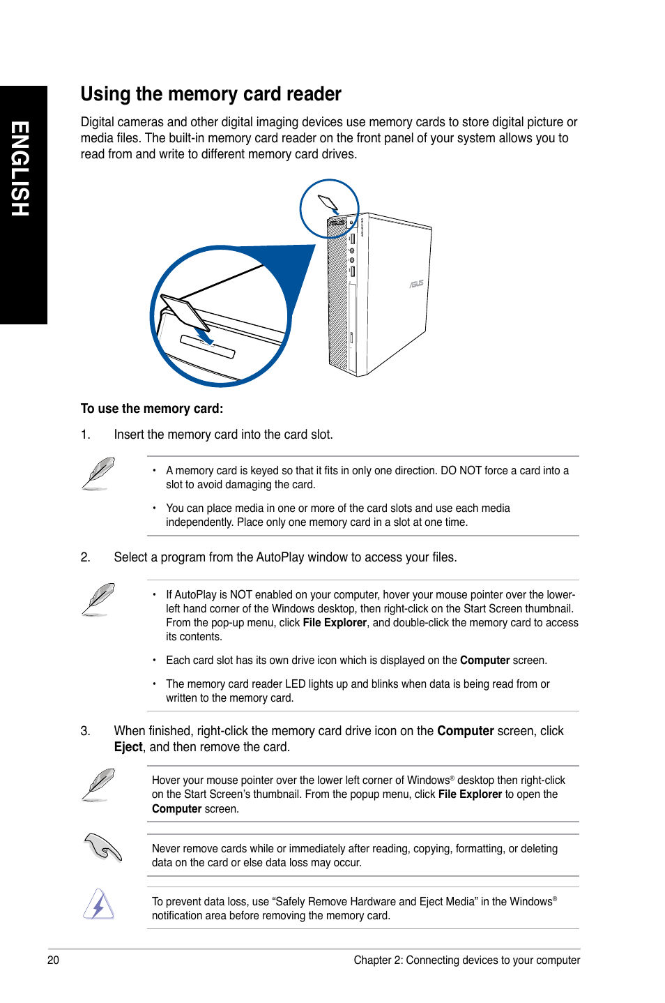 Using the memory card reader, En gl is h en gl is h en gl is h en gl is h | Asus BT1AG User Manual | Page 20 / 77