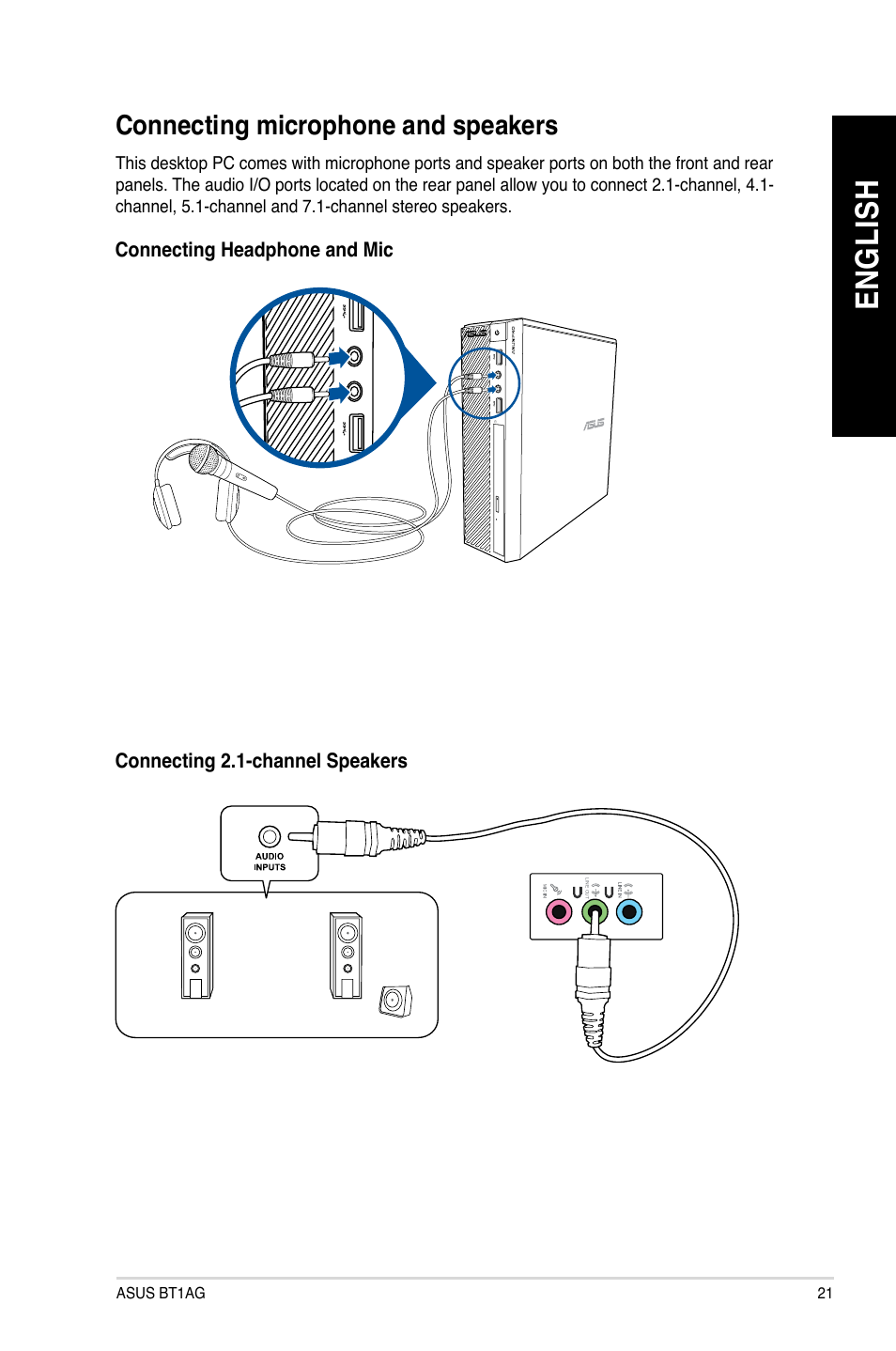 Connecting microphone and speakers, En gl is h en gl is h | Asus BT1AG User Manual | Page 21 / 77