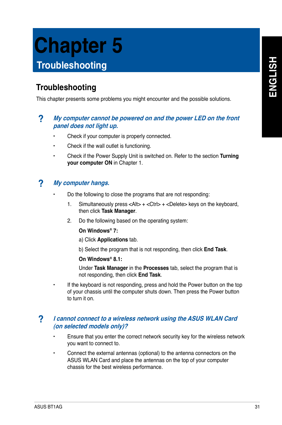 Chapter 5: troubleshooting, Troubleshooting, Chapter 5 | En gl is h en gl is h | Asus BT1AG User Manual | Page 31 / 77