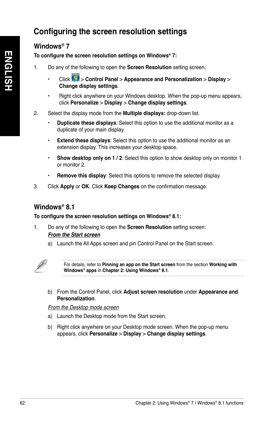 Configuring the screen resolution settings, En gl is h en gl is h en gl is h en gl is h | Asus BT1AG User Manual | Page 62 / 77