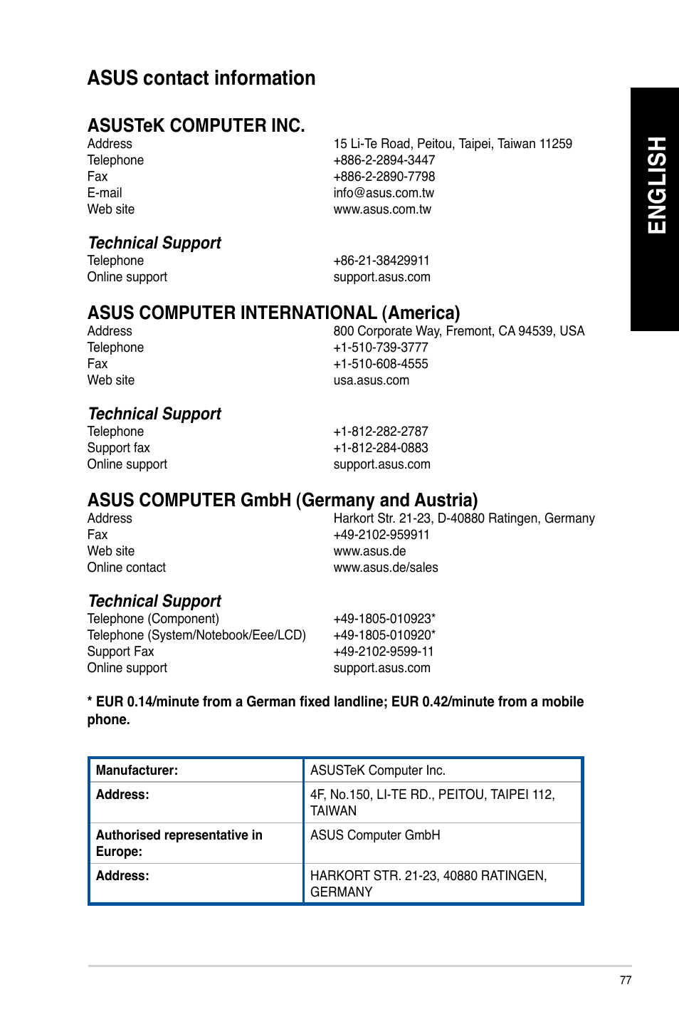 Asus contact information, En gl is h en gl is h, Asustek computer inc | Asus computer international (america), Asus computer gmbh (germany and austria), Technical support | Asus BT1AG User Manual | Page 77 / 77