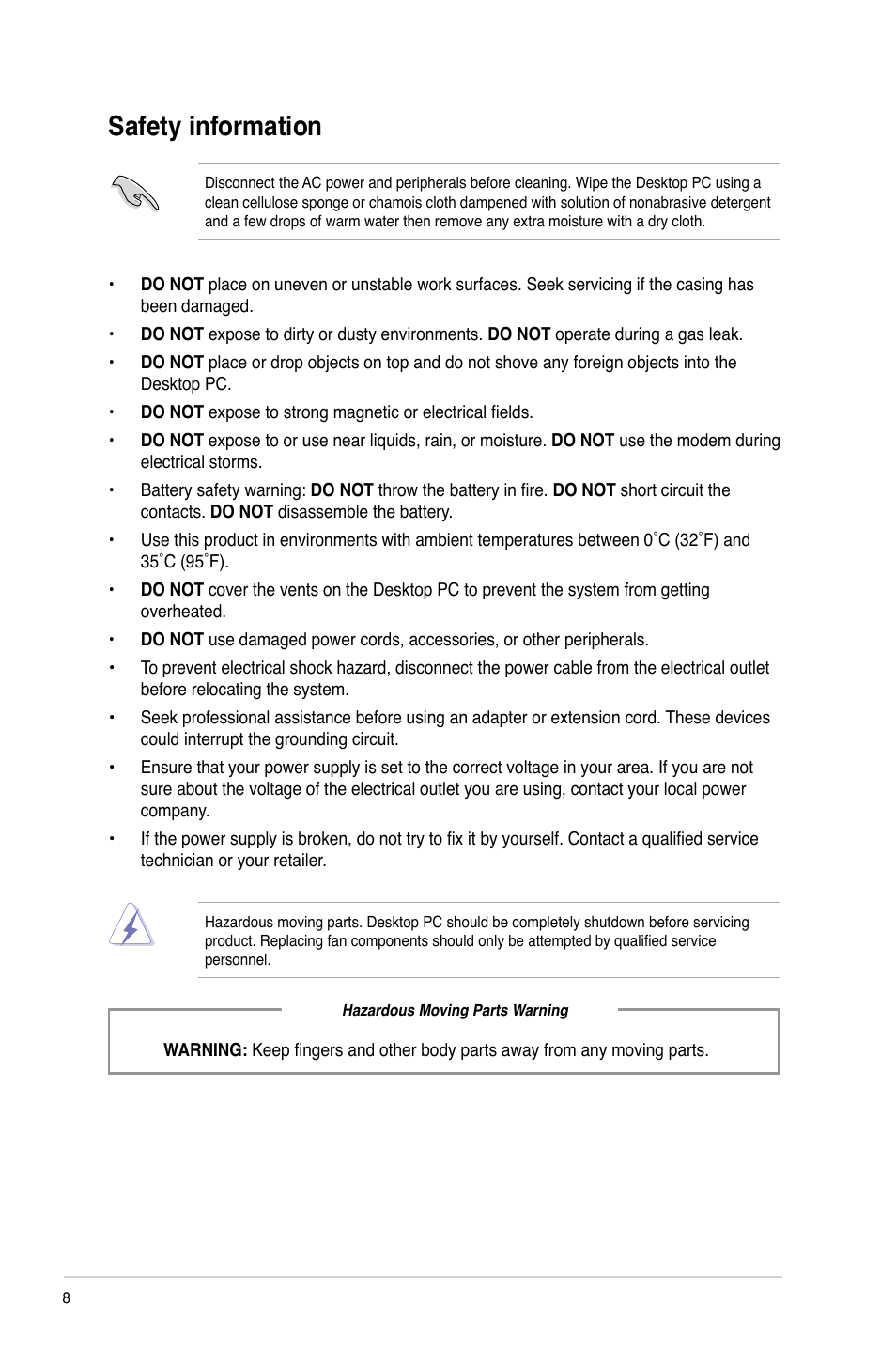 Safety information | Asus BT1AG User Manual | Page 8 / 77