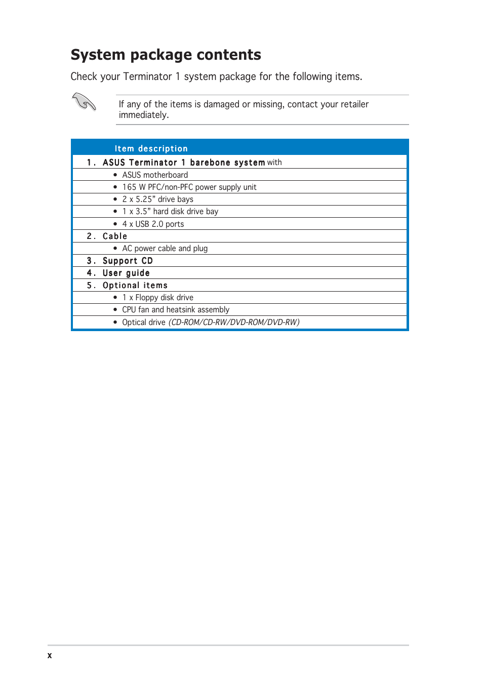 System package contents | Asus Terminator A7VT400 User Manual | Page 10 / 98