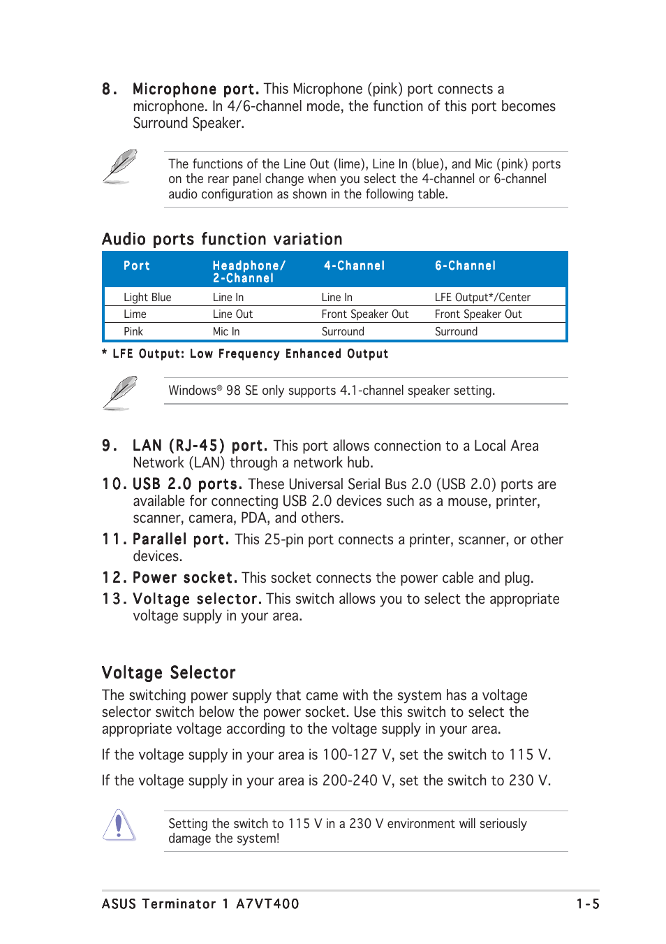 Voltage selector, Audio ports function variation | Asus Terminator A7VT400 User Manual | Page 15 / 98