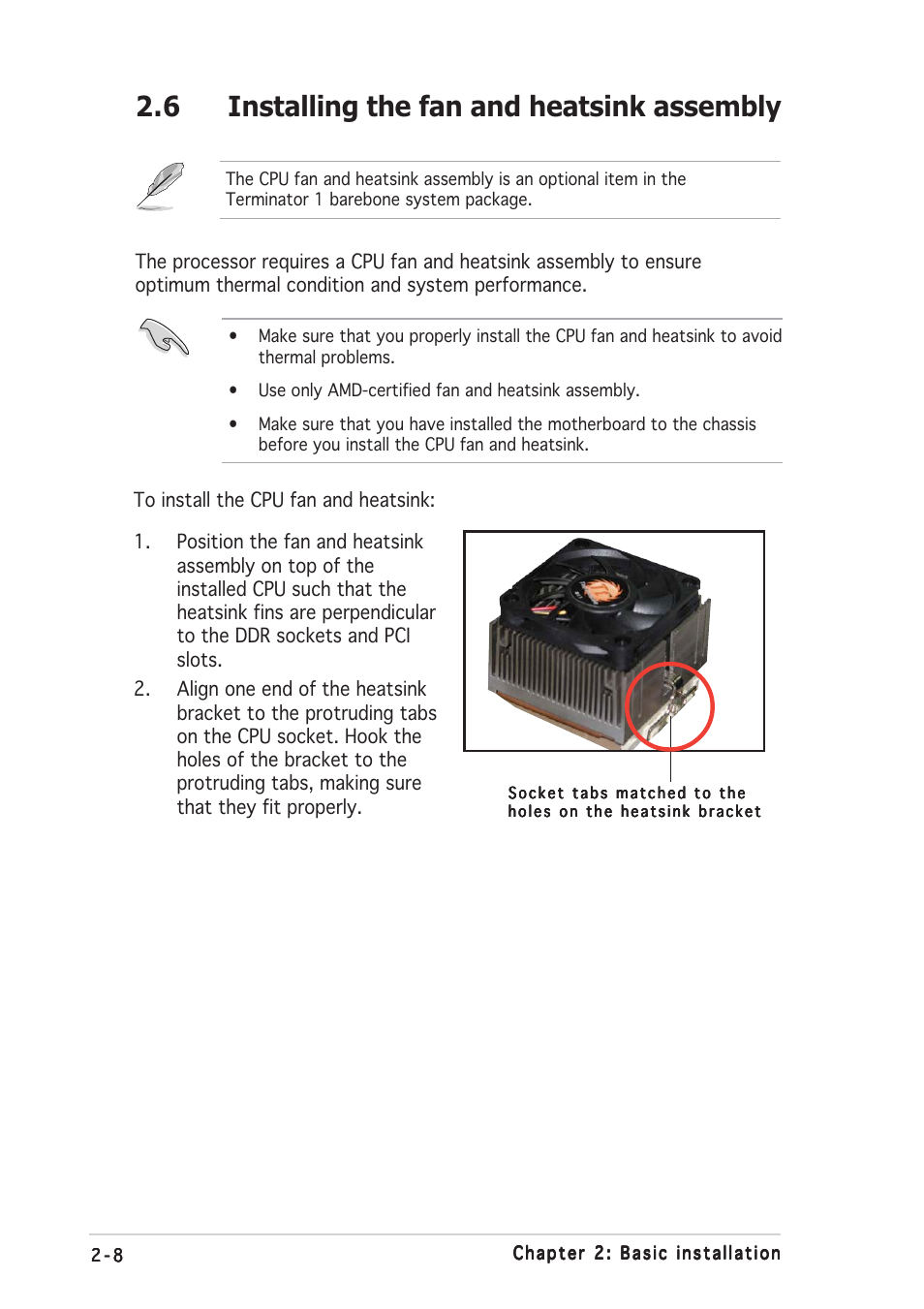 6 installing the fan and heatsink assembly | Asus Terminator A7VT400 User Manual | Page 24 / 98