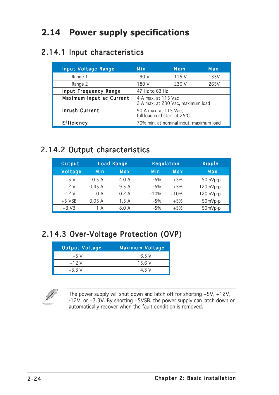 14 power supply specifications | Asus Terminator A7VT400 User Manual | Page 40 / 98