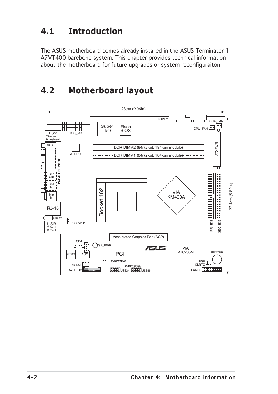 1 introduction, 2 motherboard layout, Pci1 | Socket 462 | Asus Terminator A7VT400 User Manual | Page 54 / 98