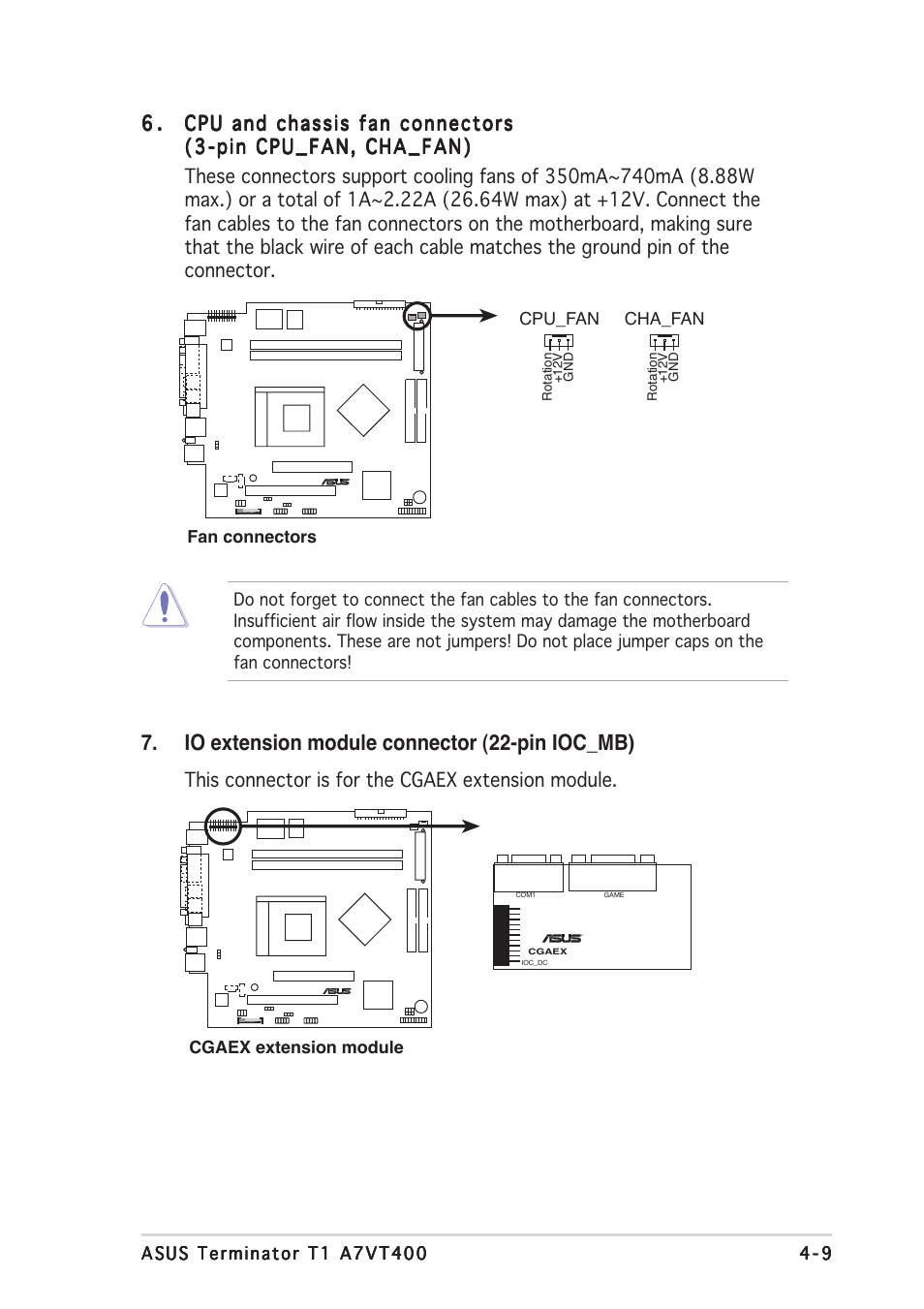 Io extension module connector (22-pin ioc_mb), This connector is for the cgaex extension module | Asus Terminator A7VT400 User Manual | Page 61 / 98