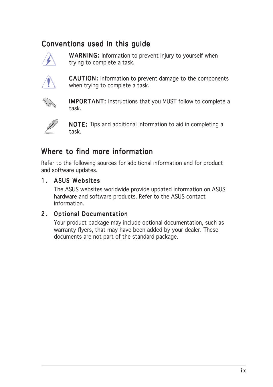 Conventions used in this guide, Where to find more information | Asus Terminator A7VT400 User Manual | Page 9 / 98