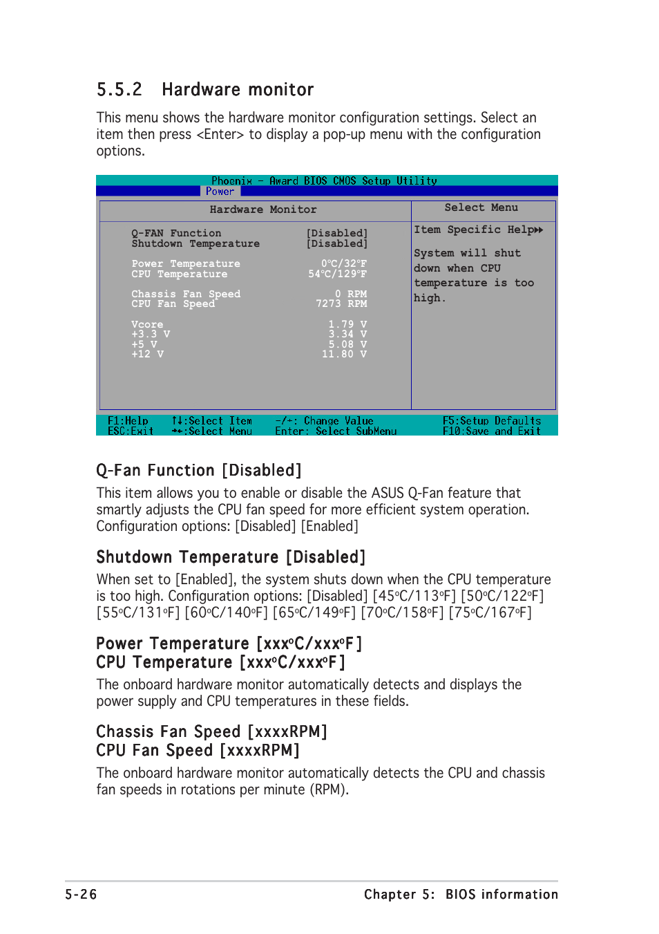 Q-fan function [disabled, Shutdown temperature [disabled, Power temperature [xxx | C/xxx | Asus Terminator A7VT400 User Manual | Page 90 / 98