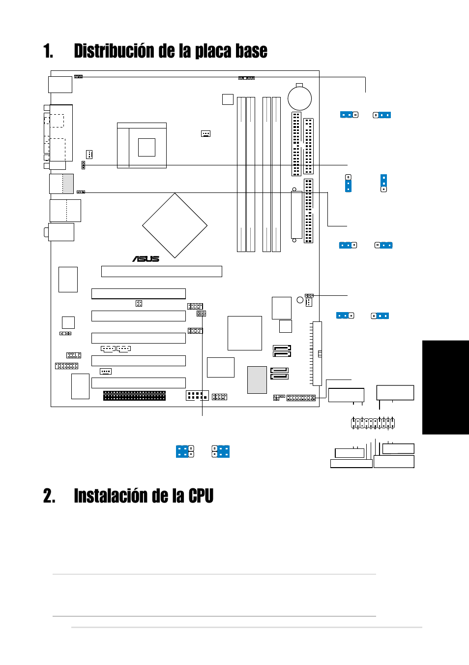 Instalación de la cpu, Distribución de la placa base, Espa ñ ol | Placa base asus p4c800 deluxe, Pci1, Pci2 pci3 pci4 pci5, Intel, Panel | Asus P4C800 Deluxe User Manual | Page 11 / 16