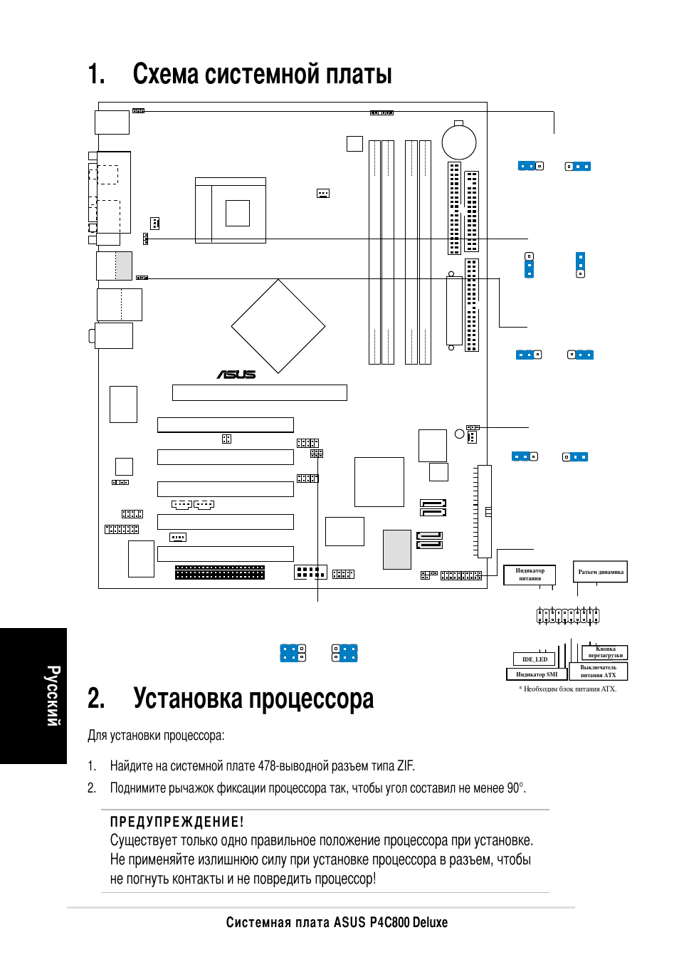 Установка процессора, Хема системной платы, У сский | Истемная плата asus p4c800 deluxe, Pci1, Pci2 pci3 pci4 pci5, Intel, Panel | Asus P4C800 Deluxe User Manual | Page 14 / 16