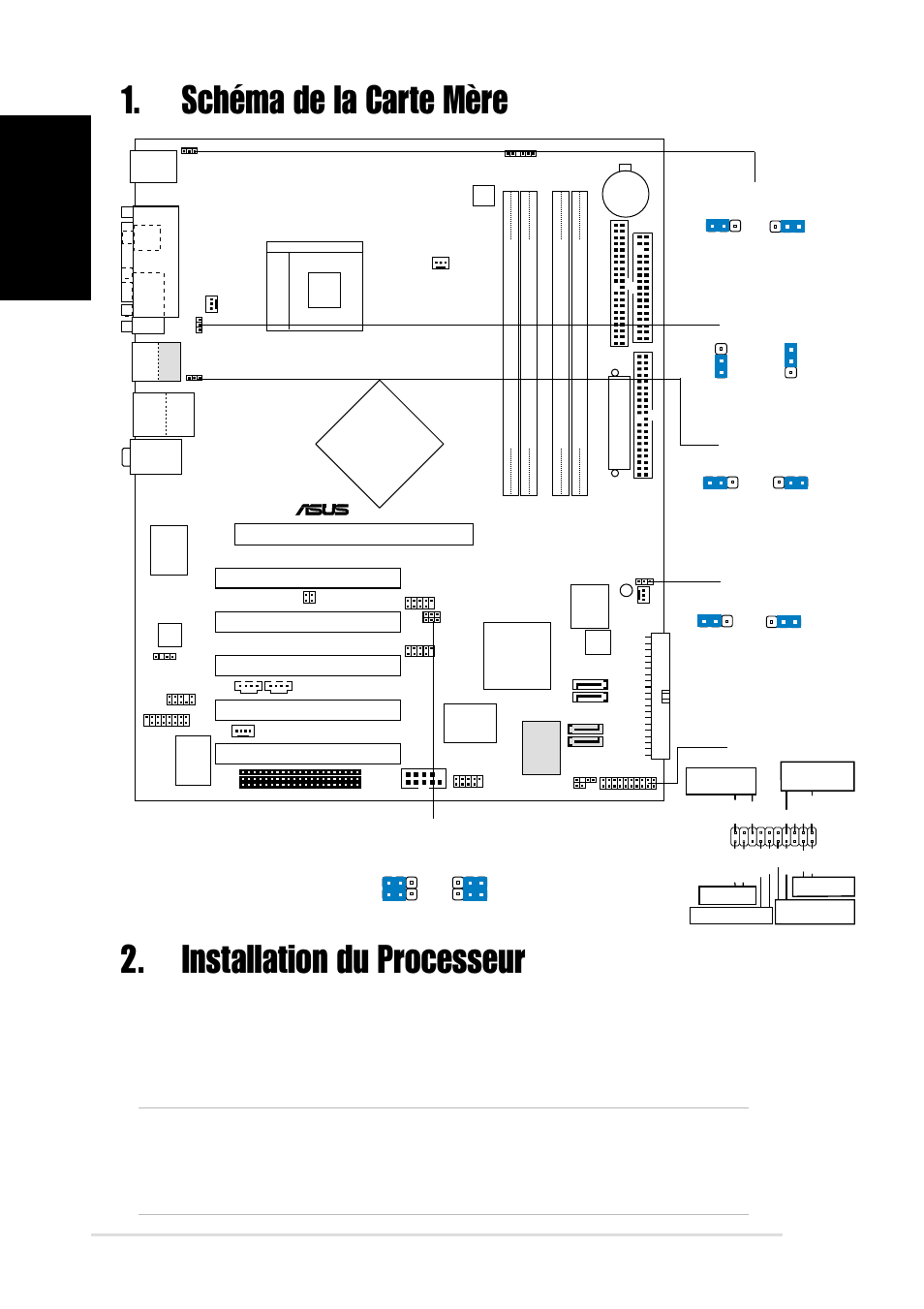 Installation du processeur, Schéma de la carte mère, Français | Carte mère asus p4c800 deluxe, Pci1, Pci2 pci3 pci4 pci5, Intel, Panel, P4c800, Super i/o | Asus P4C800 Deluxe User Manual | Page 2 / 16