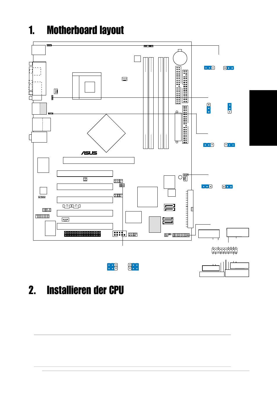 Installieren der cpu, Motherboard layout, Deutsch | Asus p4c800 deluxe-motherboard, Pci1, Pci2 pci3 pci4 pci5, Intel, Panel, P4c800, Super i/o | Asus P4C800 Deluxe User Manual | Page 5 / 16