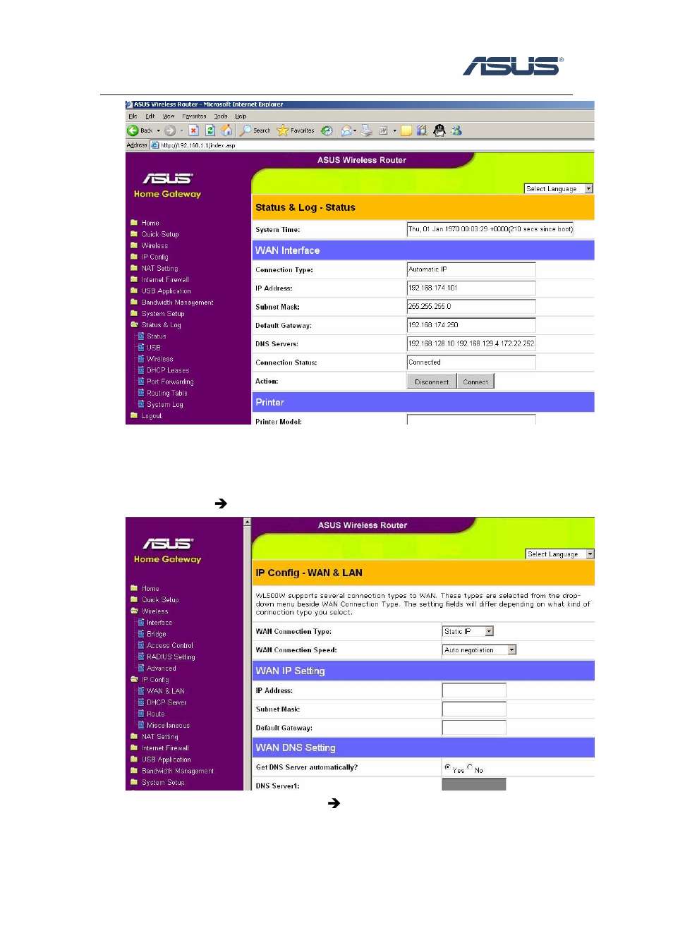 3 7bwan connection type ---- static ip, Wan connection type ---- static ip, 3 wan connection type ---- static ip | Asus WL-566GM User Manual | Page 6 / 12