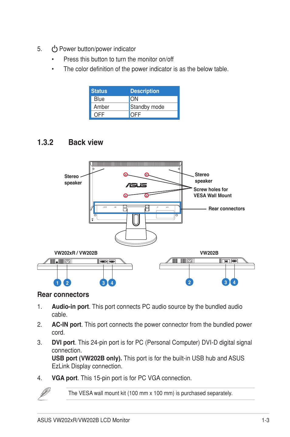 2 back view, Rear connectors | Asus VW202TR User Manual | Page 11 / 28