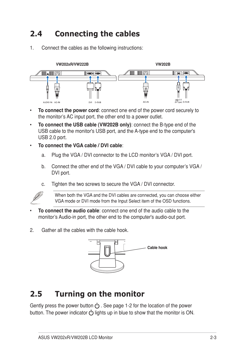 4 connecting the cables, 5 turning on the monitor | Asus VW202TR User Manual | Page 15 / 28