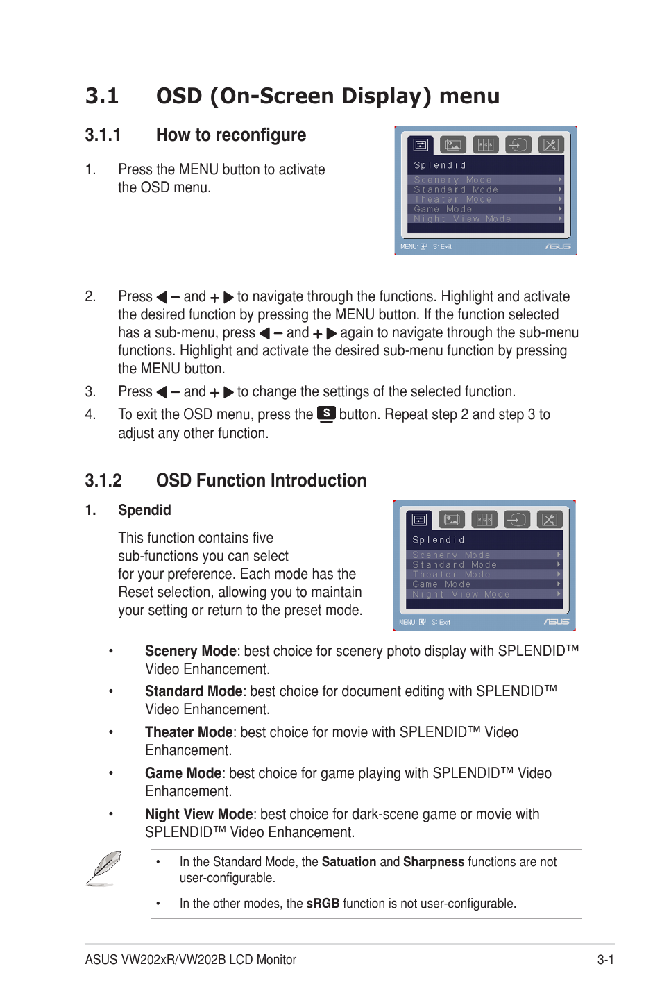 1 osd (on-screen display) menu, 1 how to reconfigure, 2 osd function introduction | Asus VW202TR User Manual | Page 17 / 28