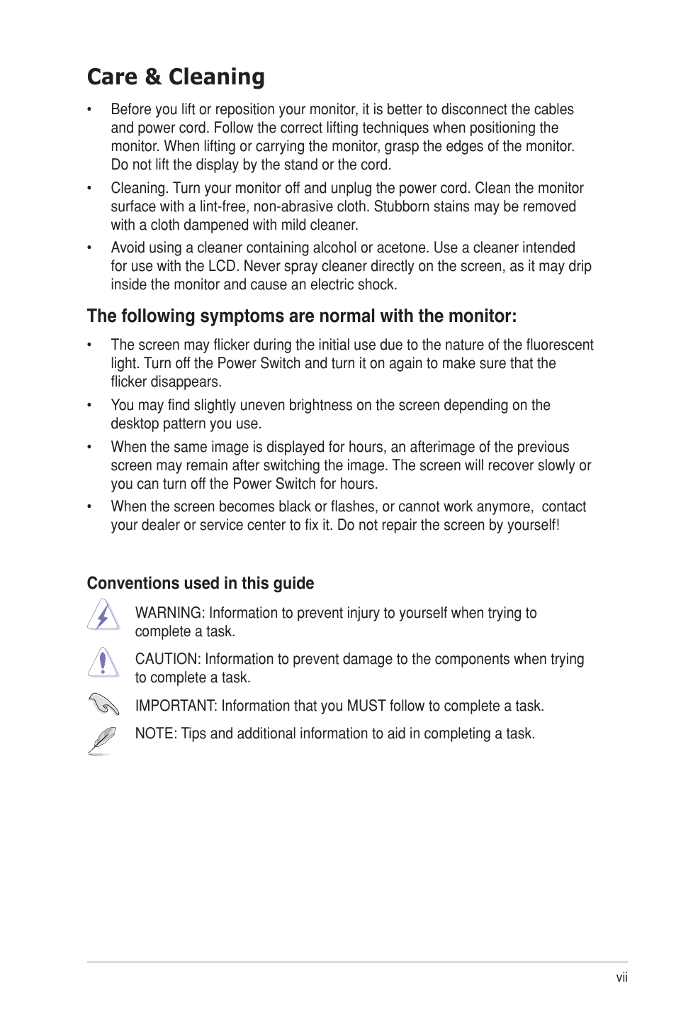 Care & cleaning, The following symptoms are normal with the monitor | Asus VW202TR User Manual | Page 7 / 28