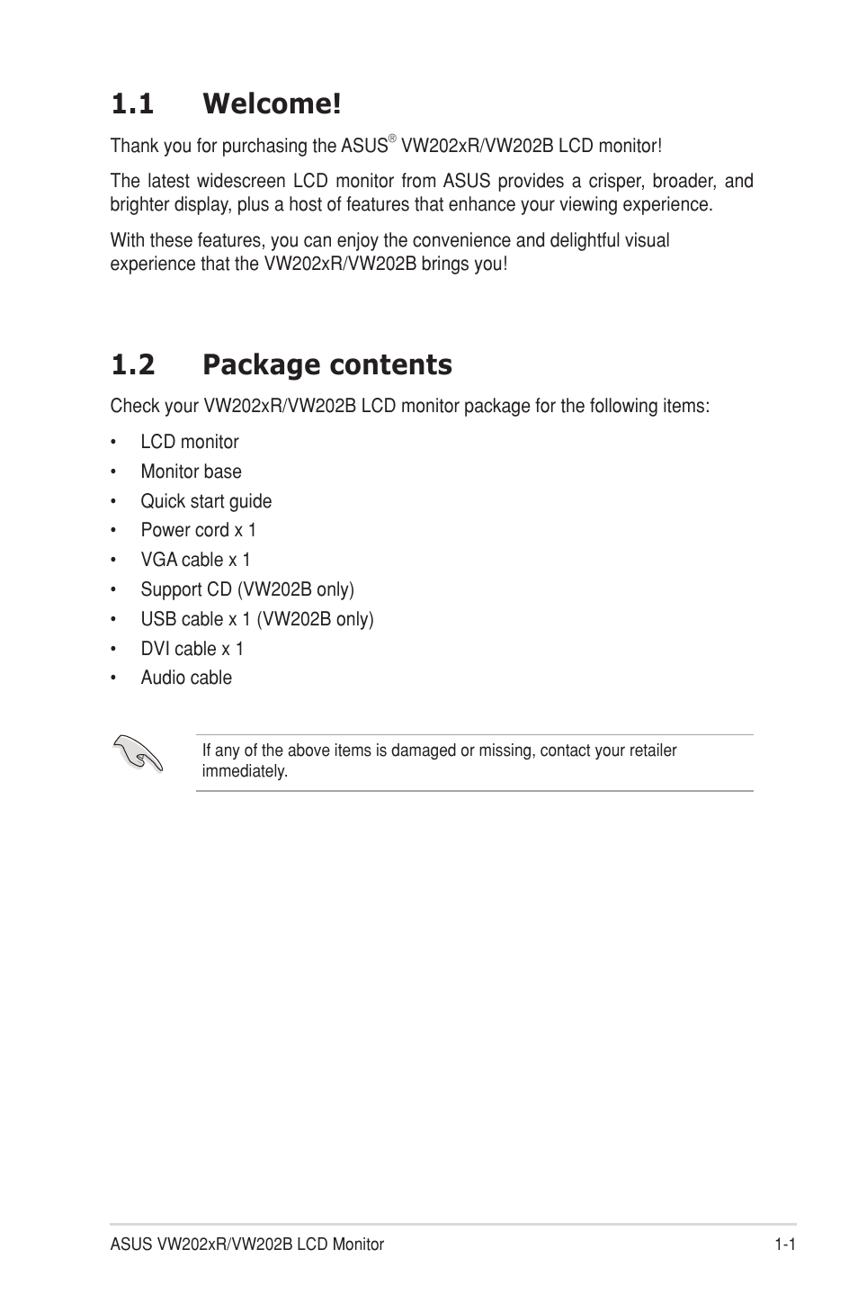 1 welcome, 2 package contents | Asus VW202TR User Manual | Page 9 / 28