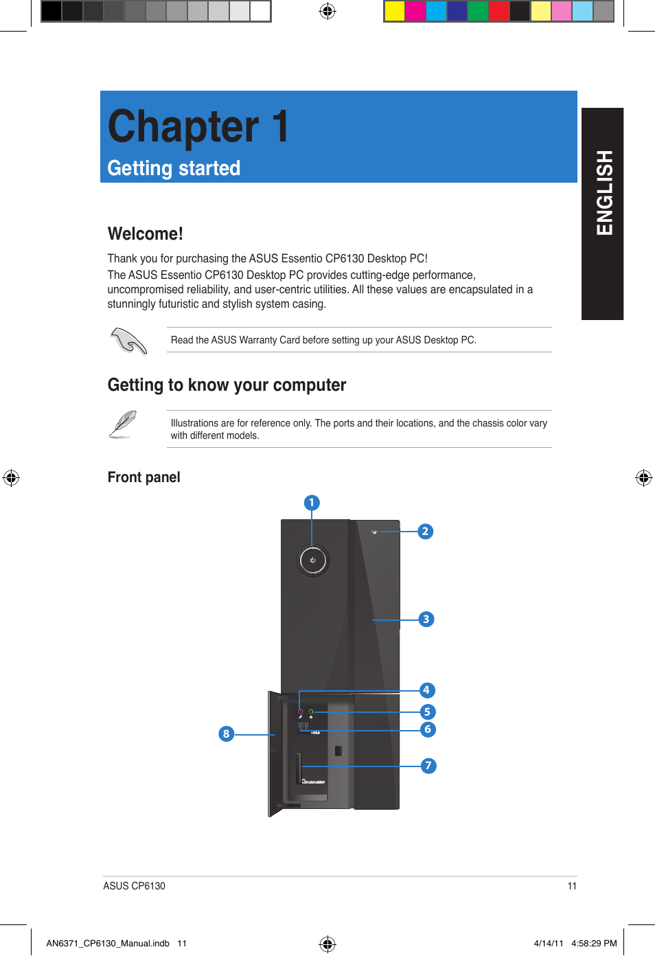 Chapter 1, En gl is h en gl is h, Getting started | Getting to know your computer, Welcome | Asus CP6130 User Manual | Page 11 / 190