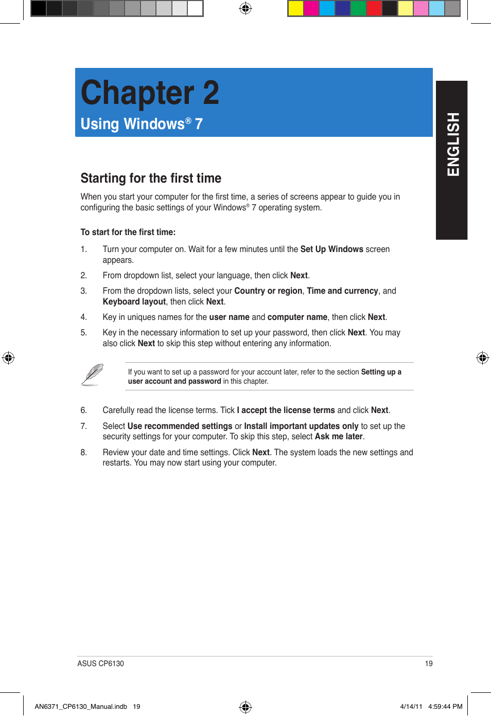 Chapter 2, En gl is h en gl is h, Using windows | Starting for the first time | Asus CP6130 User Manual | Page 19 / 190