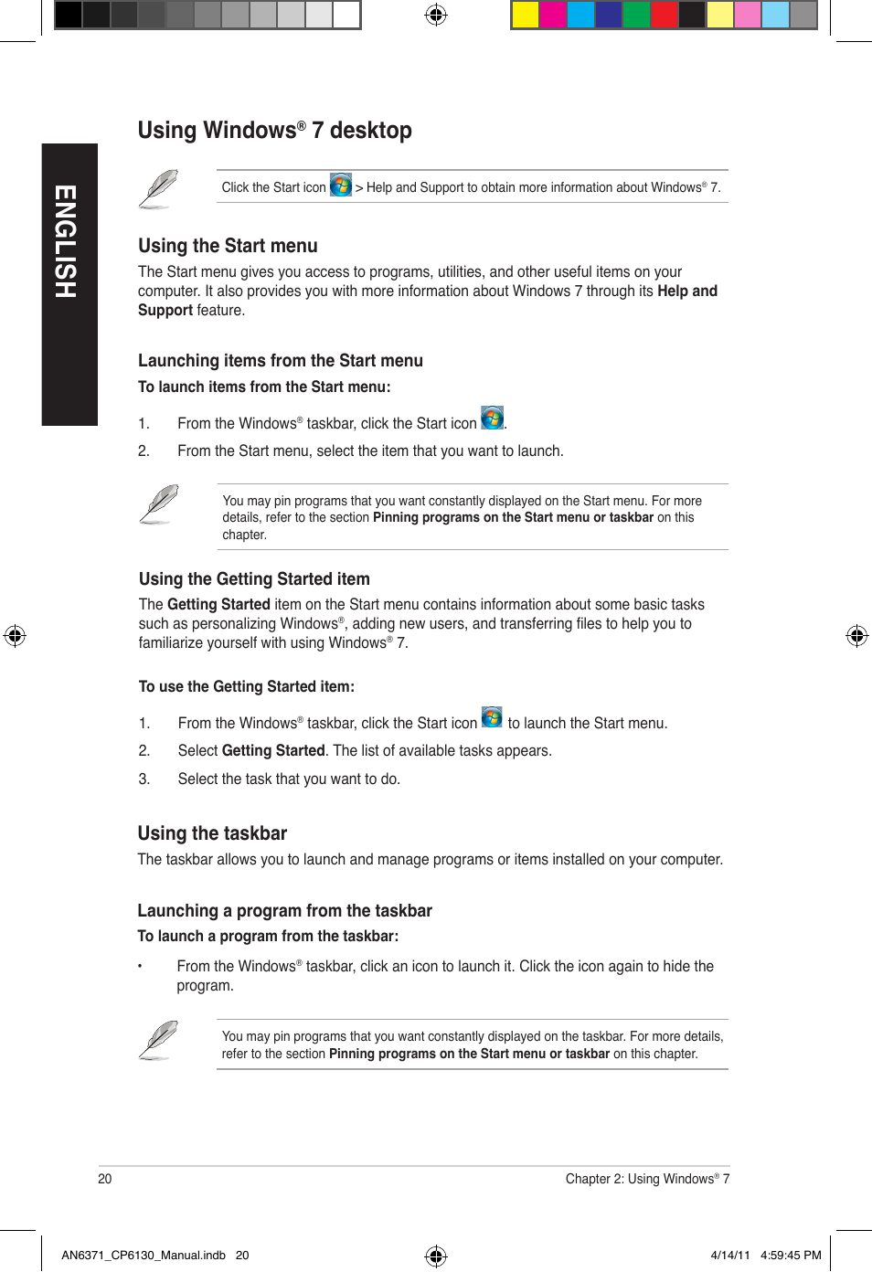 En gl is h en gl is h en gl is h en gl is h, Using windows, 7 desktop | Asus CP6130 User Manual | Page 20 / 190