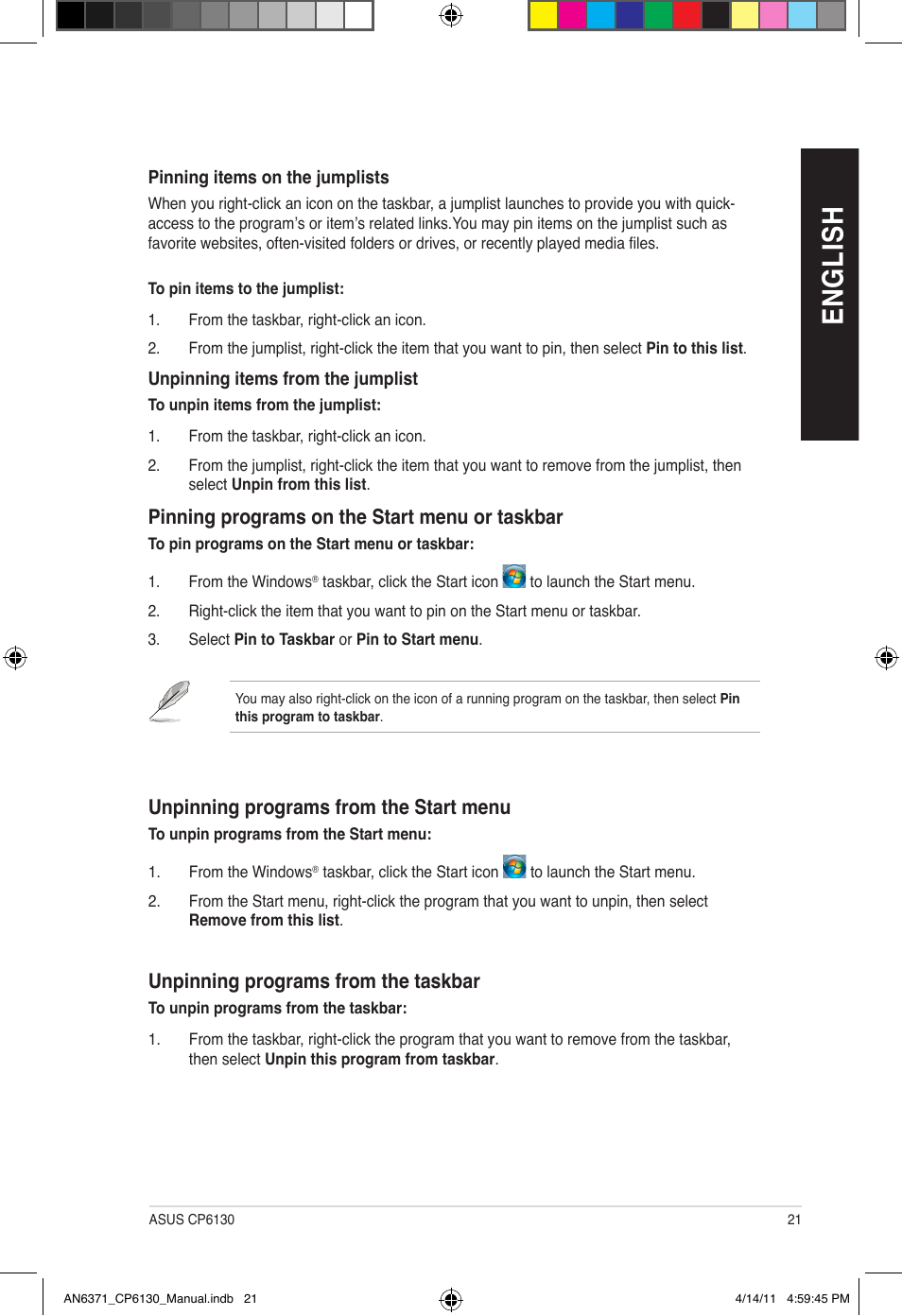 En gl is h en gl is h | Asus CP6130 User Manual | Page 21 / 190