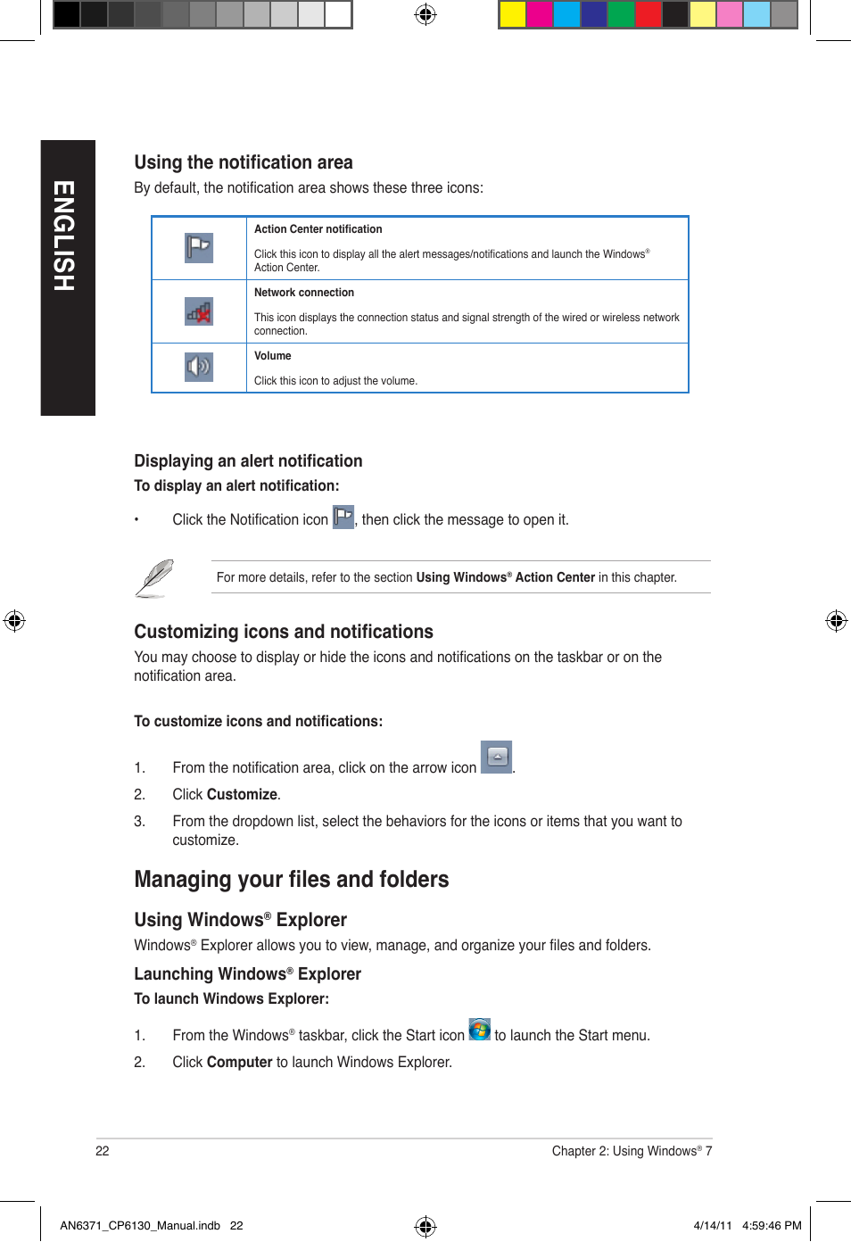 En gl is h en gl is h en gl is h en gl is h, Managing your files and folders | Asus CP6130 User Manual | Page 22 / 190