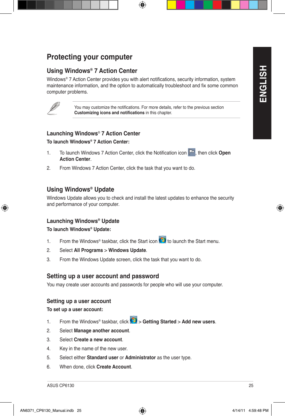 En gl is h en gl is h, Protecting your computer | Asus CP6130 User Manual | Page 25 / 190