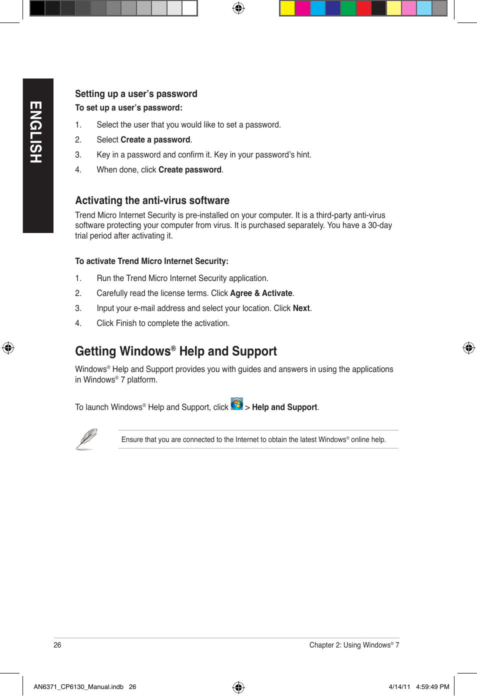 En gl is h en gl is h, Getting windows, Help and support | Asus CP6130 User Manual | Page 26 / 190