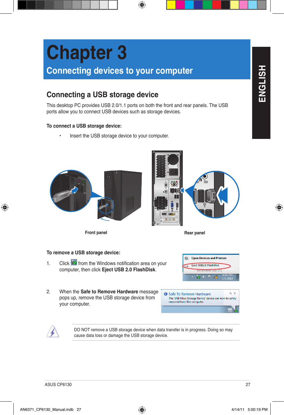 Chapter 3, En gl is h en gl is h, Connecting devices to your computer | Connecting a usb storage device | Asus CP6130 User Manual | Page 27 / 190