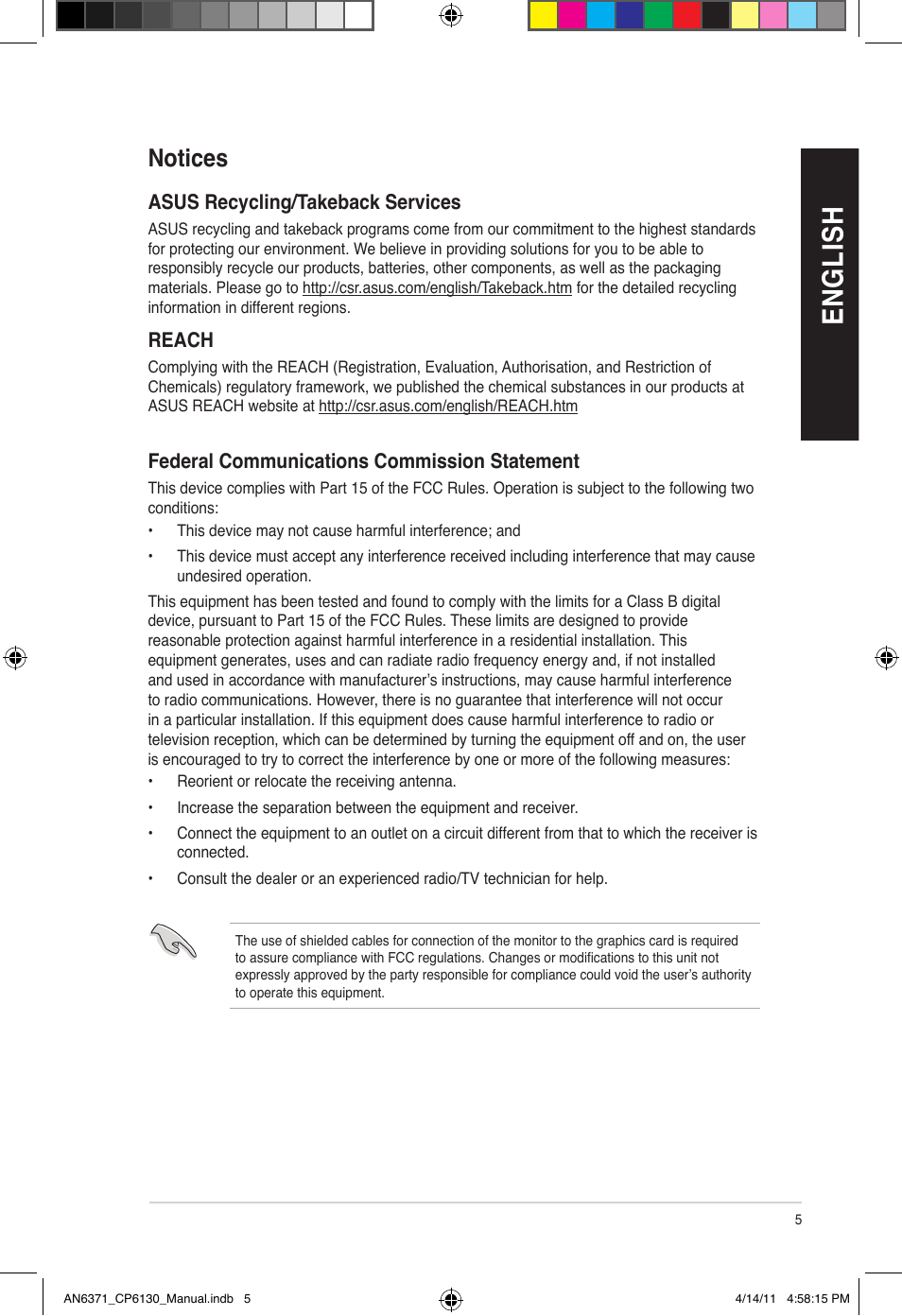 En gl is h en gl is h en gl is h en gl is h, Notices | Asus CP6130 User Manual | Page 5 / 190