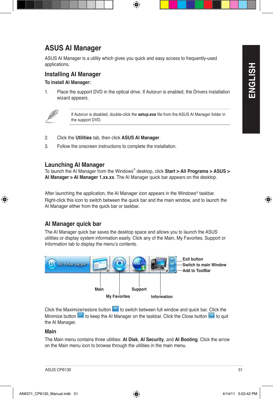 En gl is h en gl is h, Asus ai manager | Asus CP6130 User Manual | Page 51 / 190