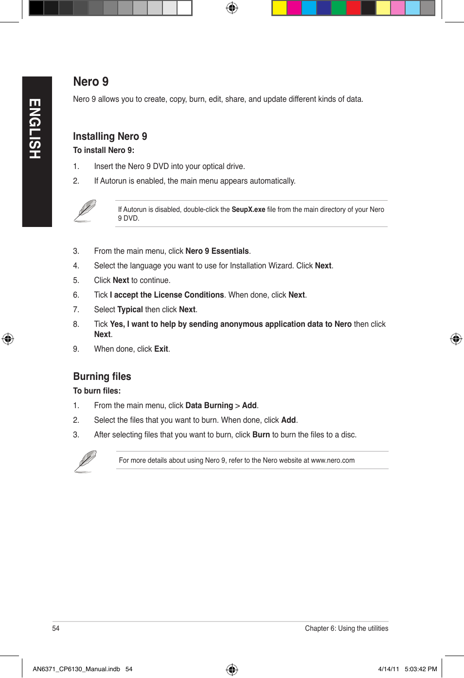 En gl is h en gl is h en gl is h en gl is h, Nero 9 | Asus CP6130 User Manual | Page 54 / 190