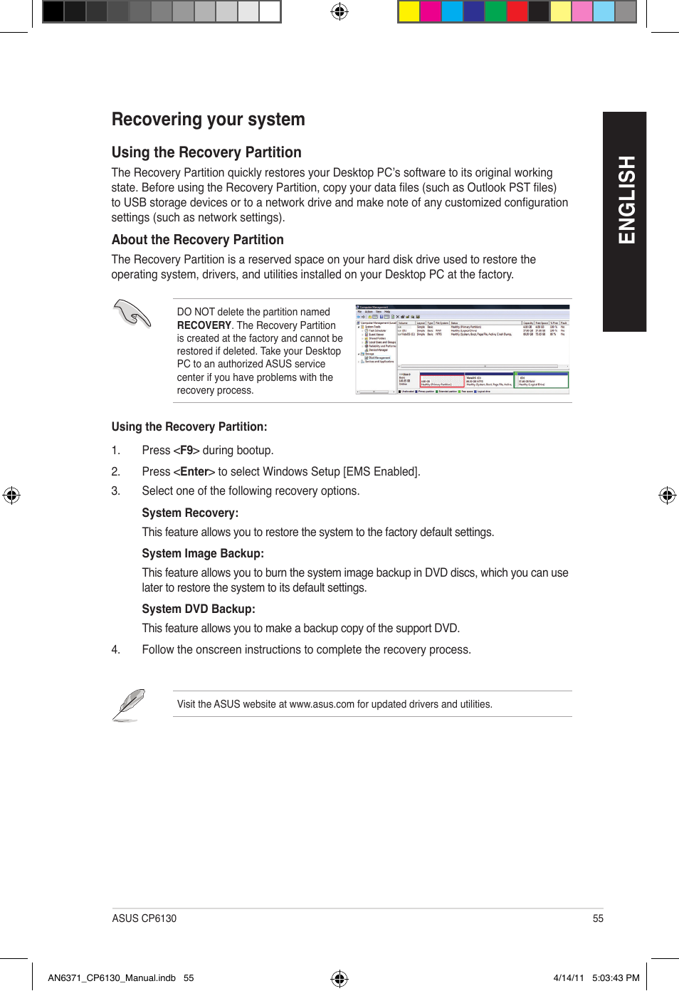 En gl is h en gl is h, Recovering your system | Asus CP6130 User Manual | Page 55 / 190