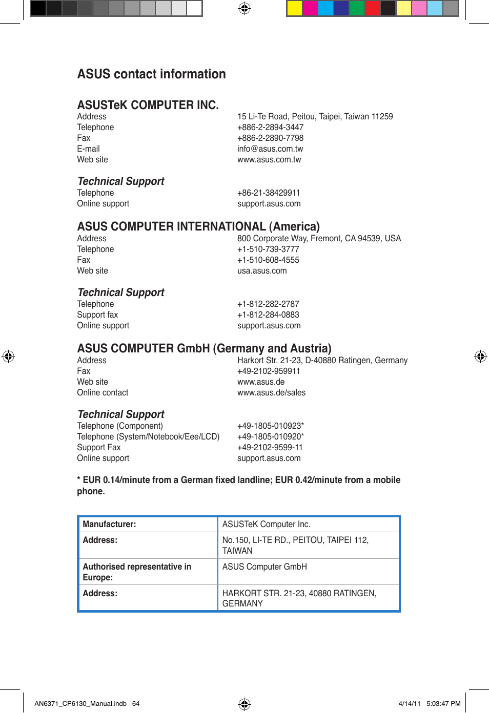 Asus contact information, Asustek computer inc, Asus computer international (america) | Asus computer gmbh (germany and austria), Technical support | Asus CP6130 User Manual | Page 64 / 190