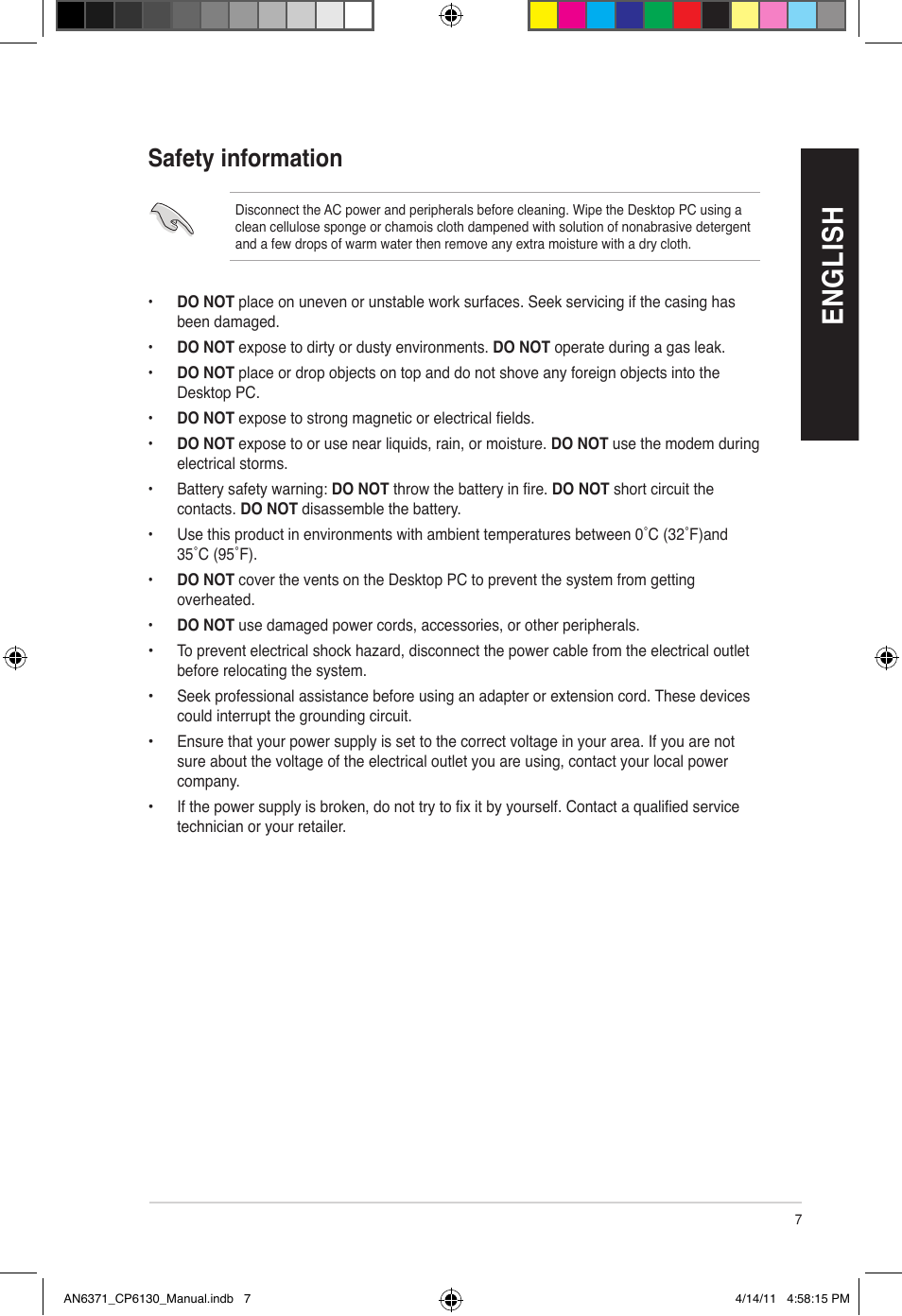 En gl is h en gl is h en gl is h en gl is h, Safety information | Asus CP6130 User Manual | Page 7 / 190