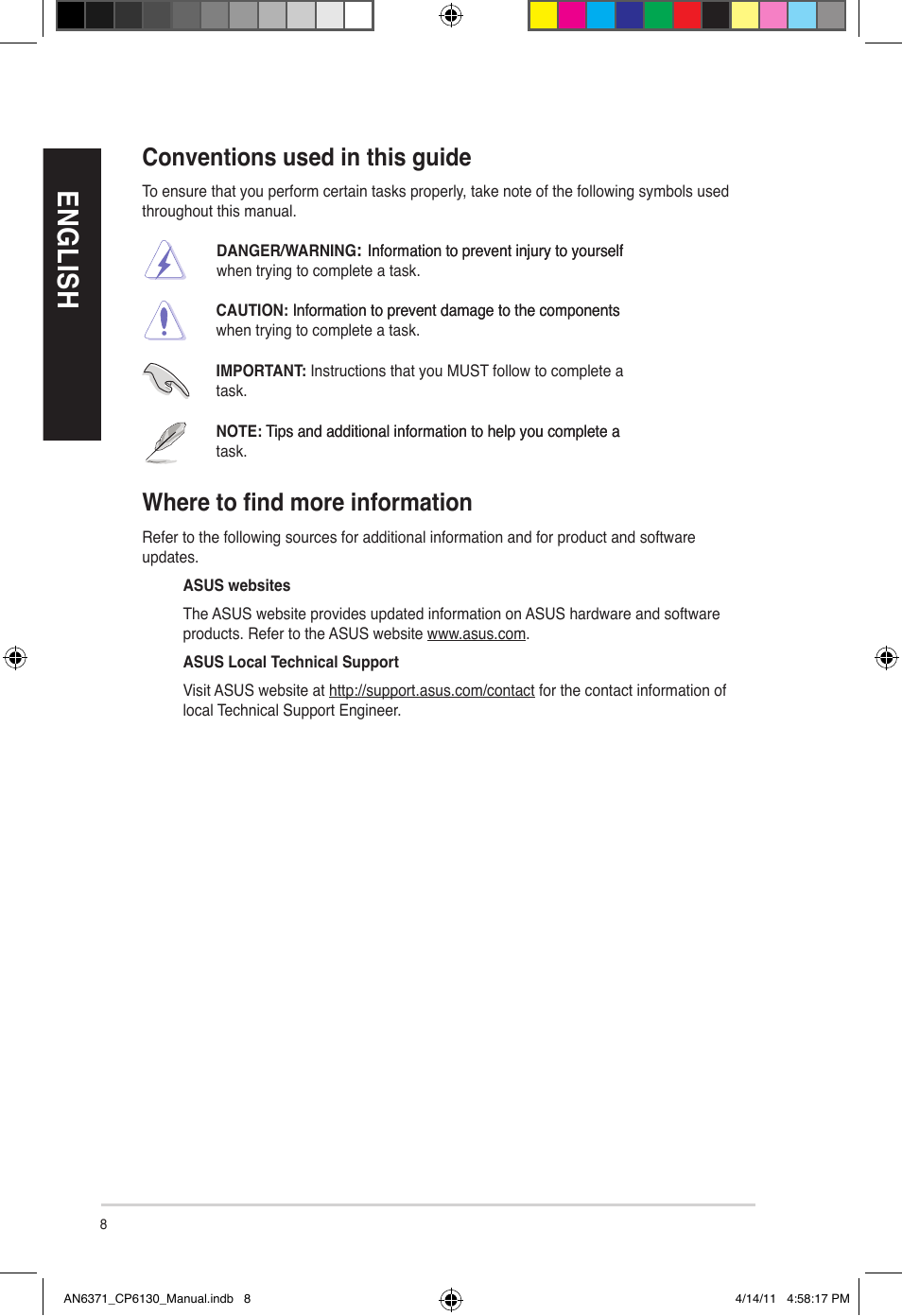 En gl is h en gl is h en gl is h en gl is h, Conventions used in this guide, Where to find more information | Asus CP6130 User Manual | Page 8 / 190