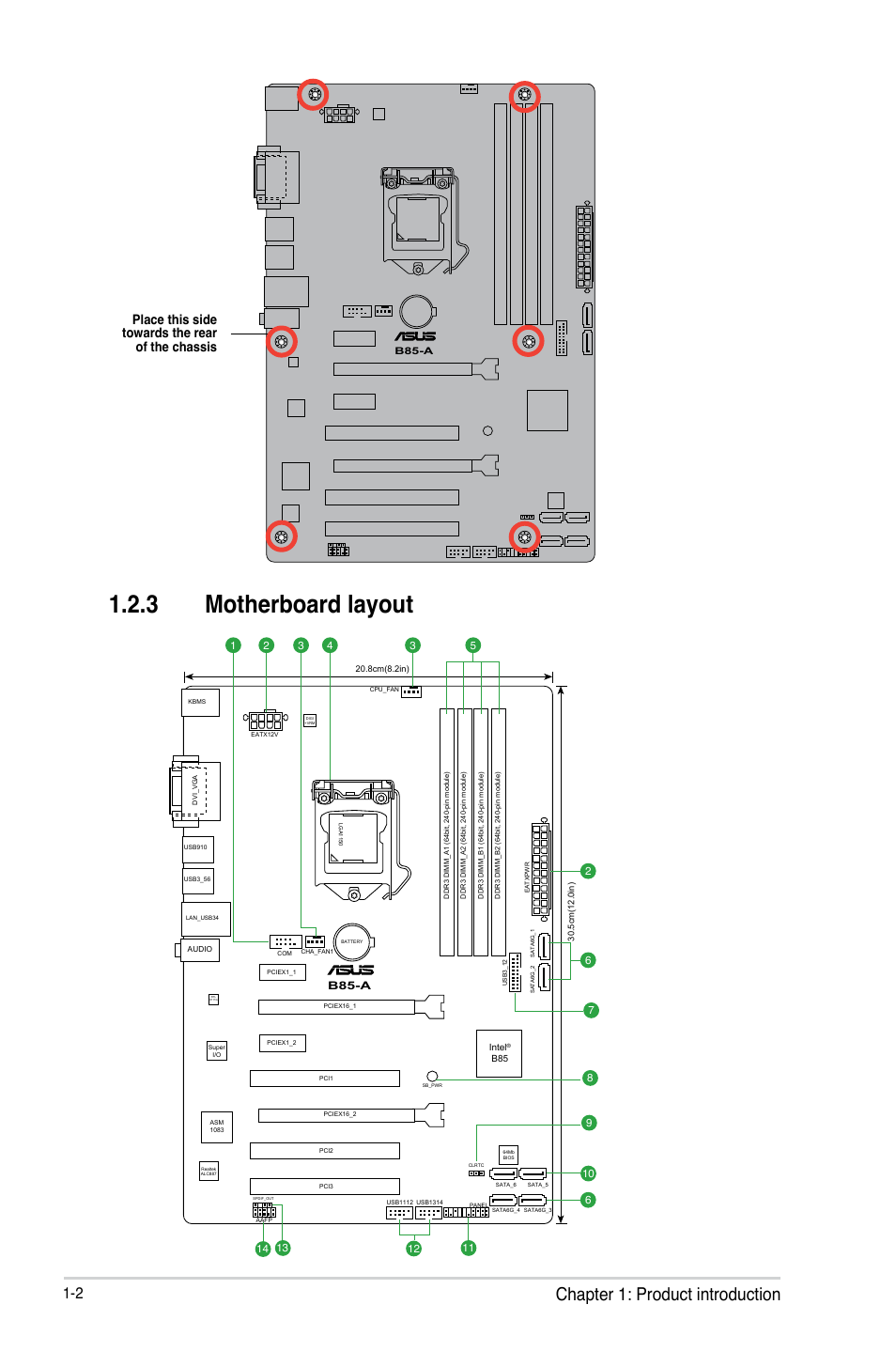 3 motherboard layout, Chapter 1: product introduction, Place this side towards the rear of the chassis | Asus B85-A User Manual | Page 10 / 75