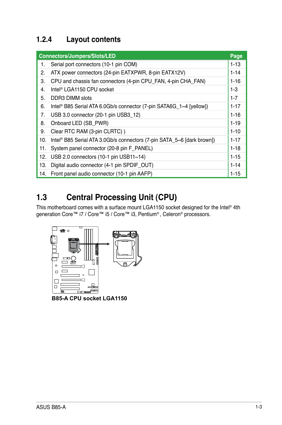 3 central processing unit (cpu), Central processing unit (cpu) -3, 4 layout contents | Asus B85-A User Manual | Page 11 / 75