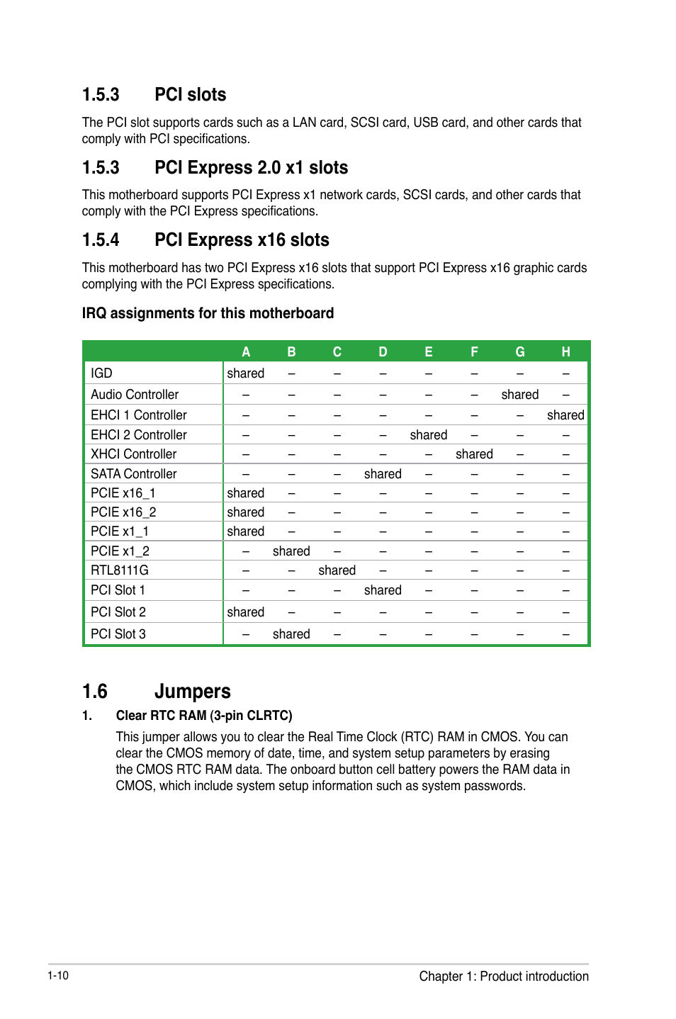 6 jumpers, Jumpers -10, 3 pci slots | 3 pci express 2.0 x1 slots, 4 pci express x16 slots | Asus B85-A User Manual | Page 18 / 75