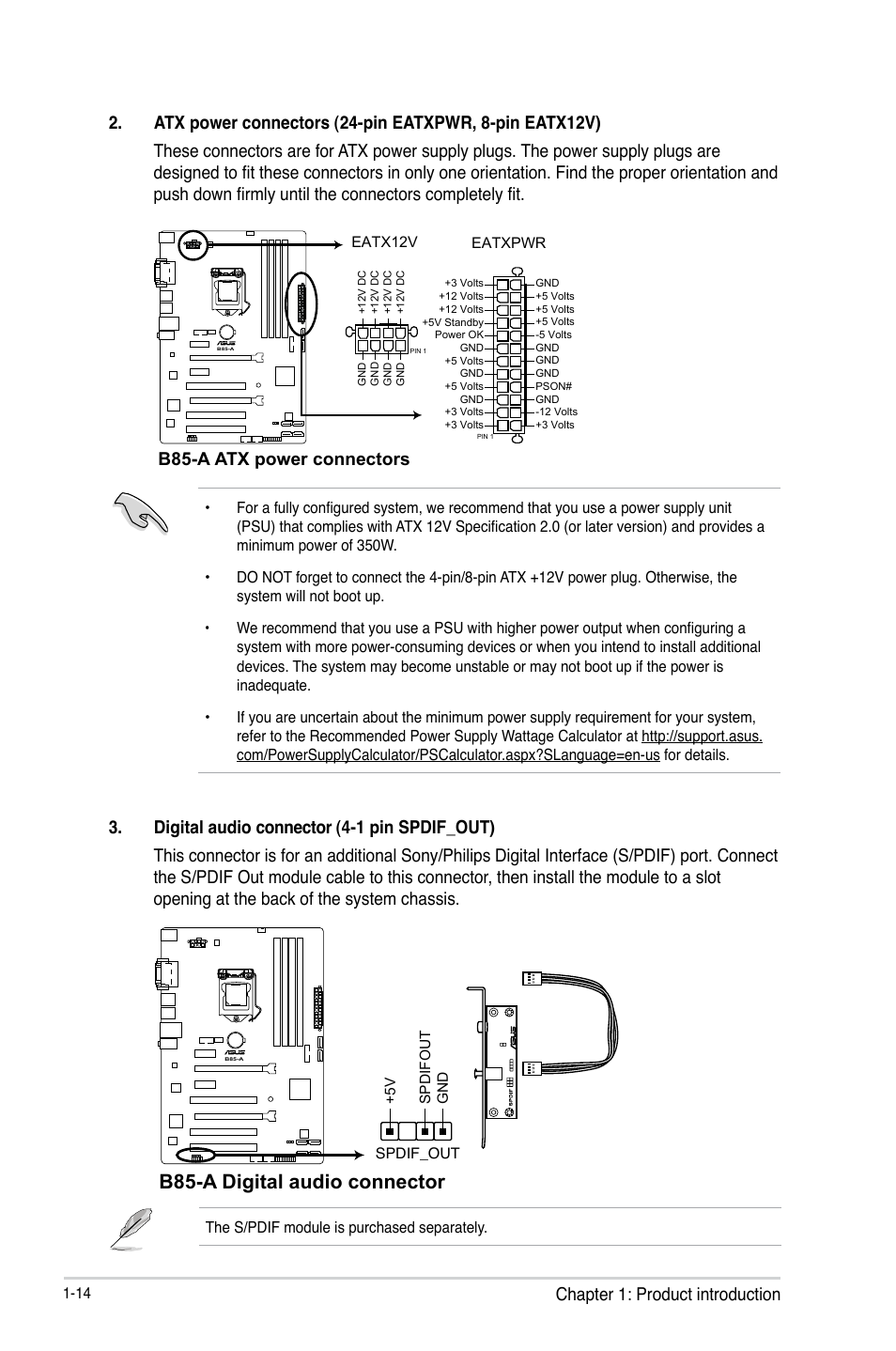 B85-a digital audio connector, B85-a atx power connectors | Asus B85-A User Manual | Page 22 / 75