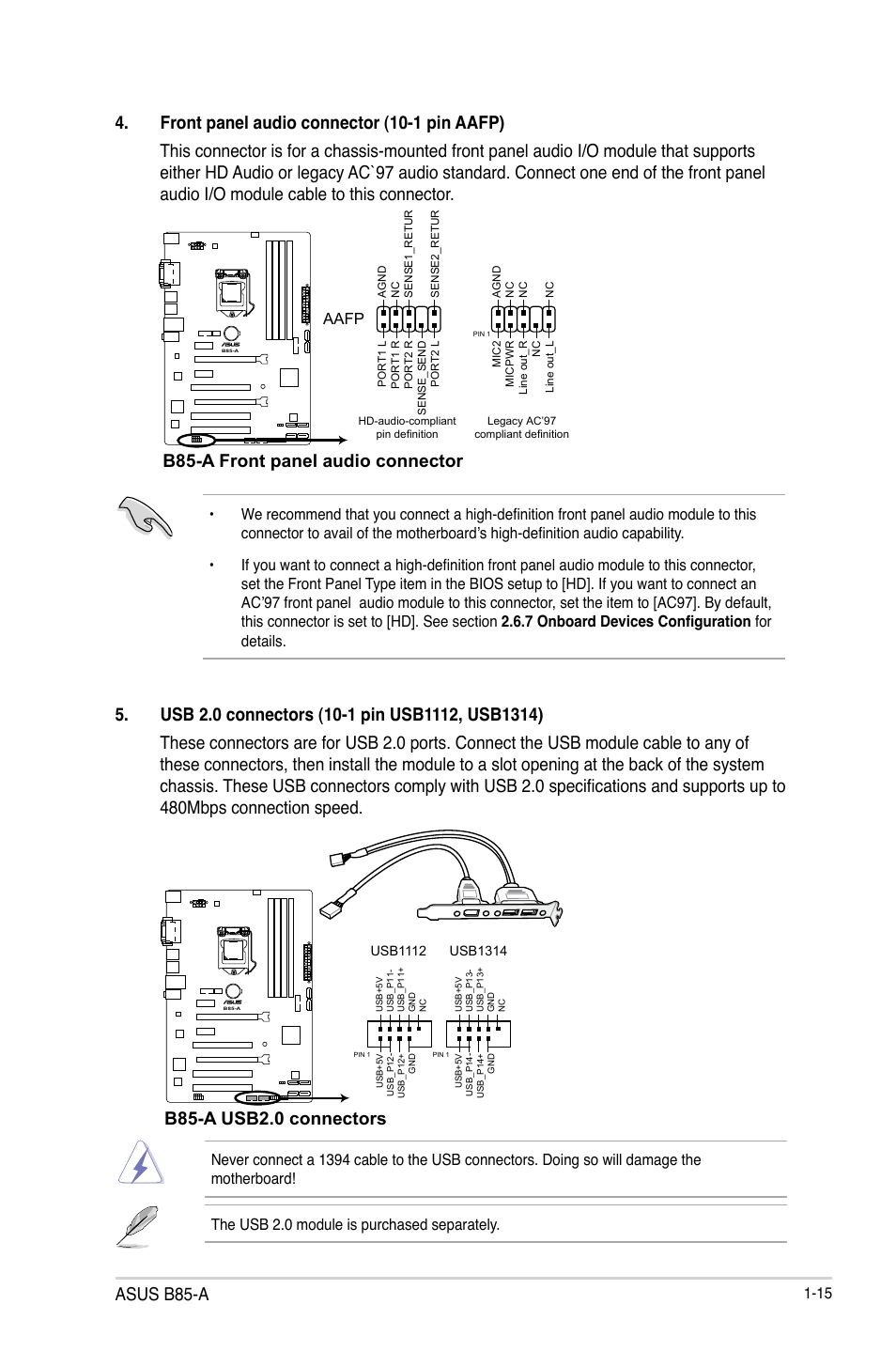 Asus b85-a, B85-a usb2.0 connectors, B85-a front panel audio connector | Aafp | Asus B85-A User Manual | Page 23 / 75