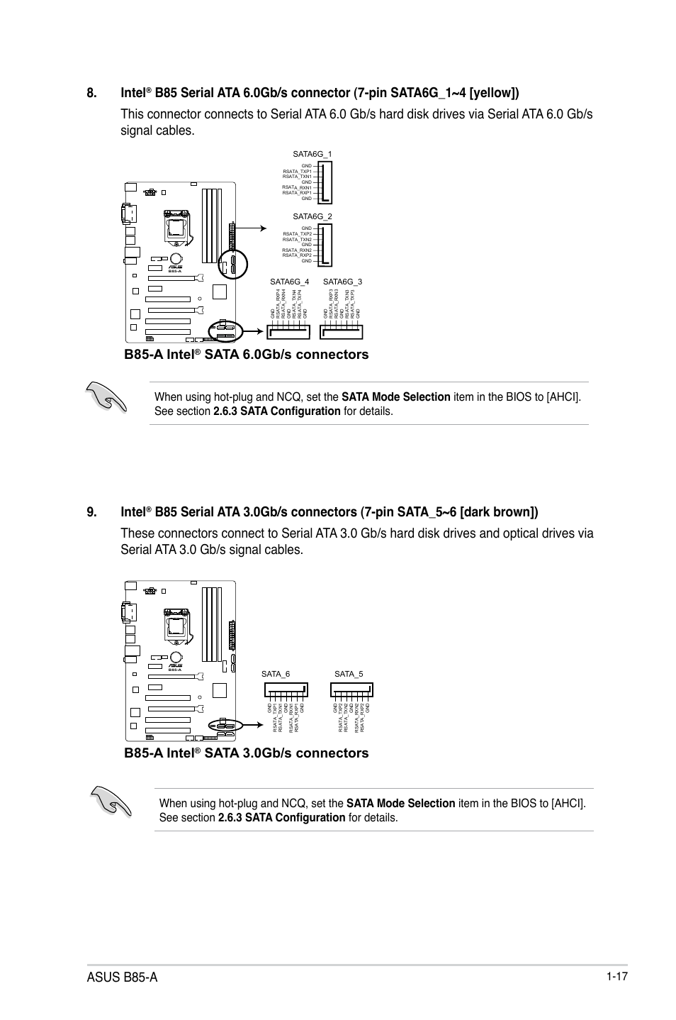 Asus b85-a, Intel, B85-a intel | Sata 6.0gb/s connectors 9. intel, Sata 3.0gb/s connectors | Asus B85-A User Manual | Page 25 / 75