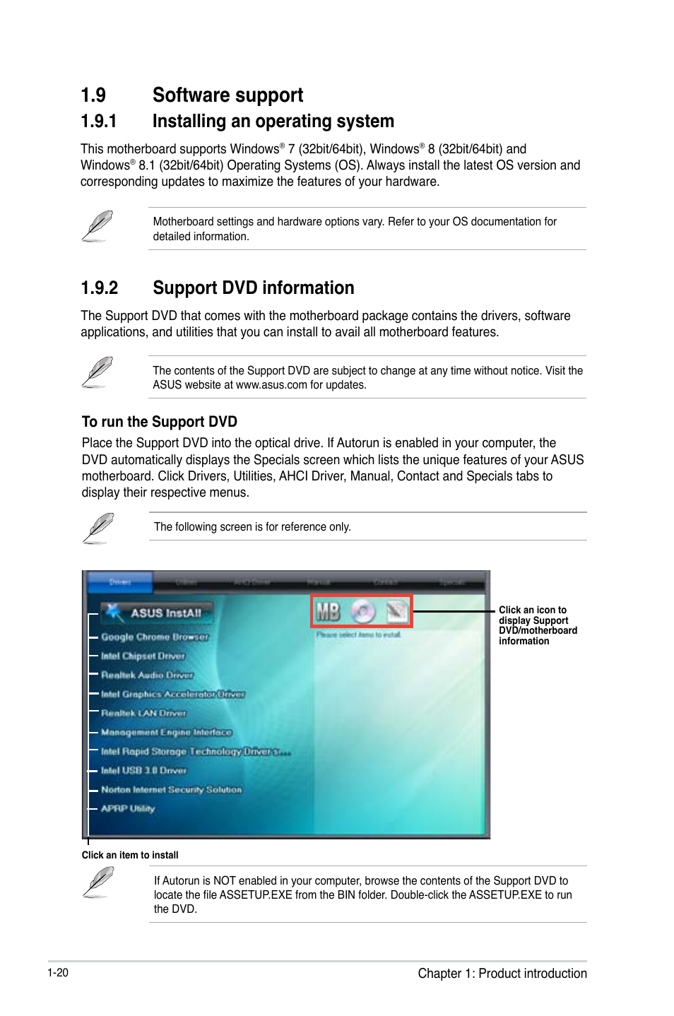 9 software support, Software support -20, 1 installing an operating system | 2 support dvd information | Asus B85-A User Manual | Page 28 / 75