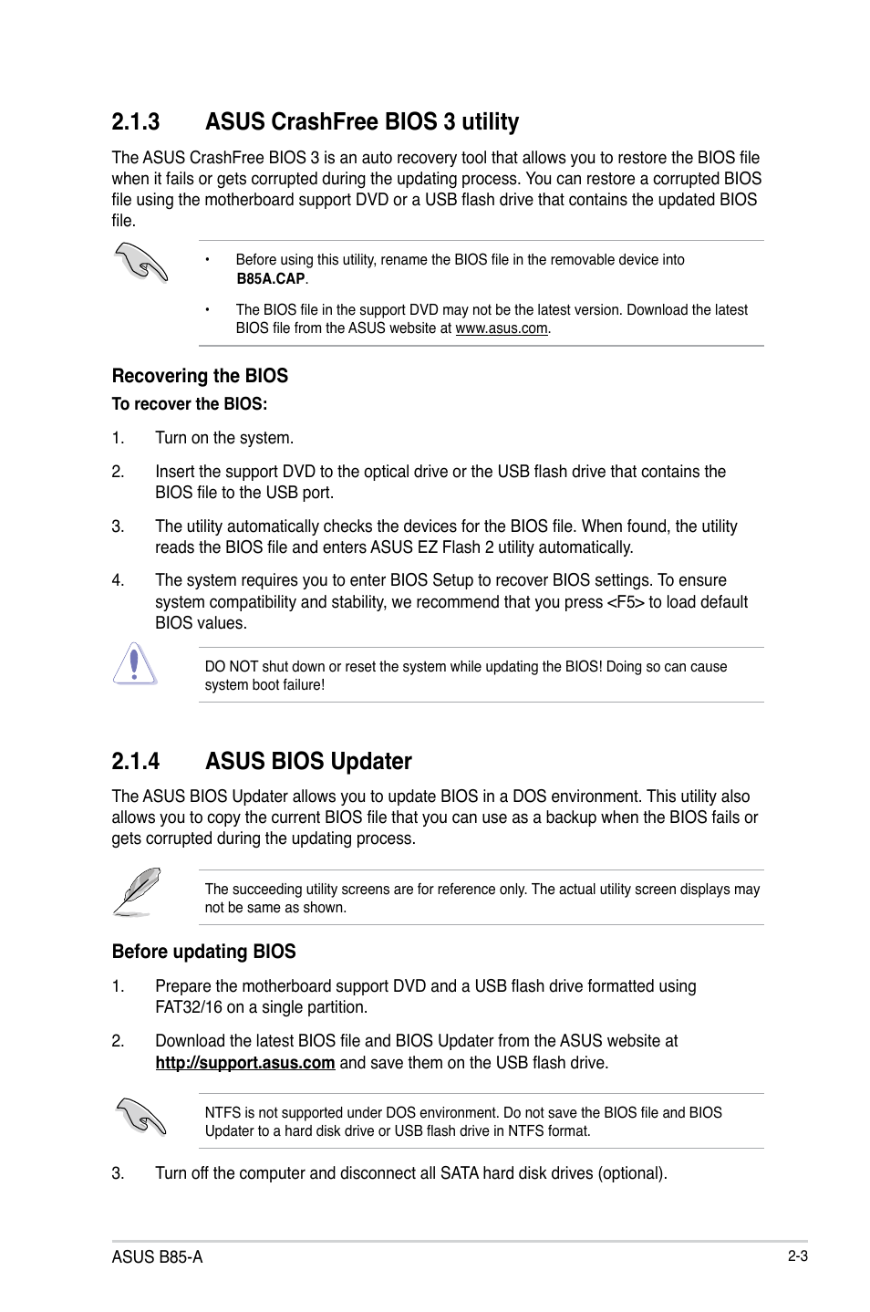 3 asus crashfree bios 3 utility, 4 asus bios updater | Asus B85-A User Manual | Page 31 / 75