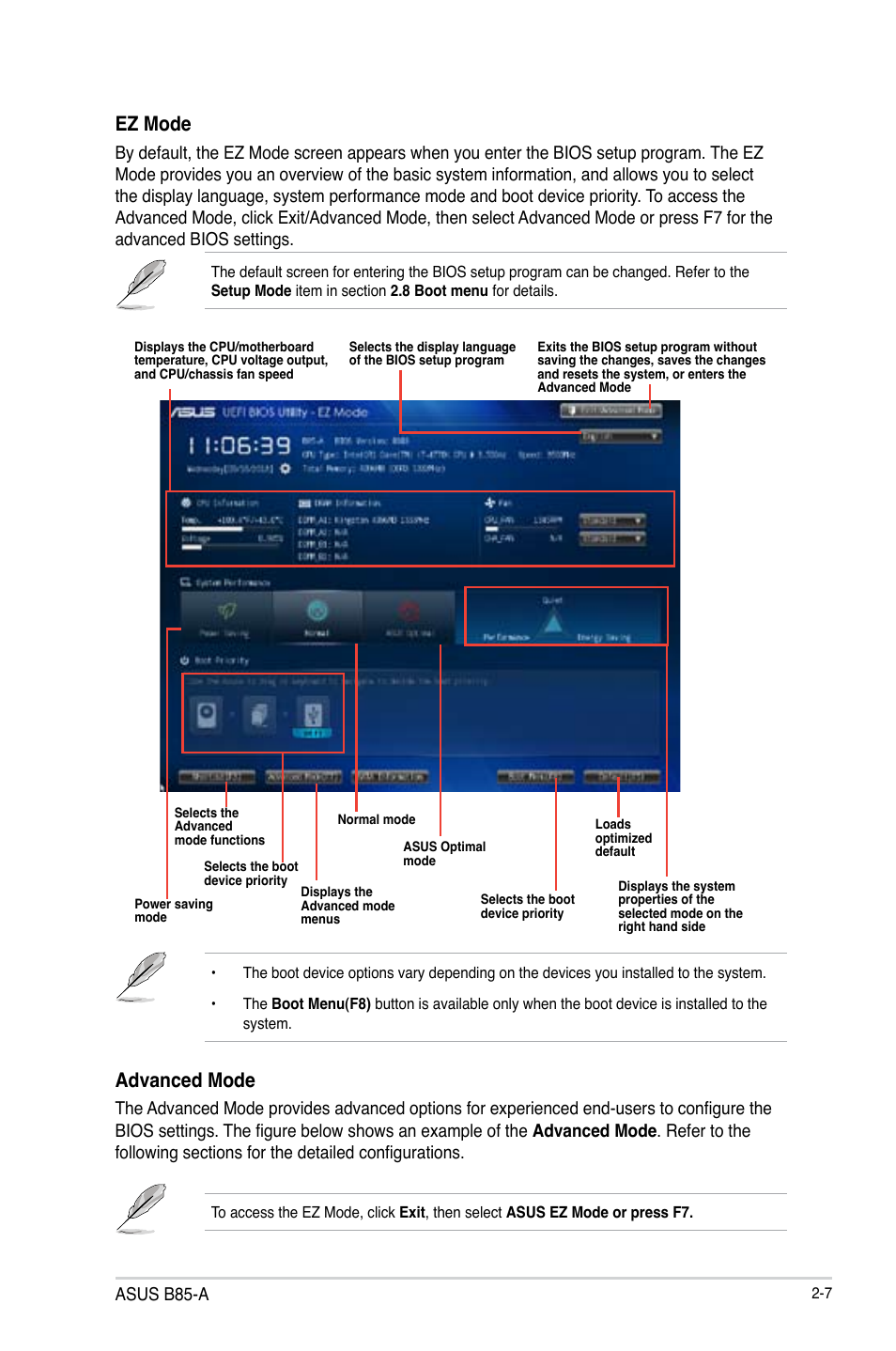 Advanced mode, Ez mode, Asus b85-a | Asus B85-A User Manual | Page 35 / 75